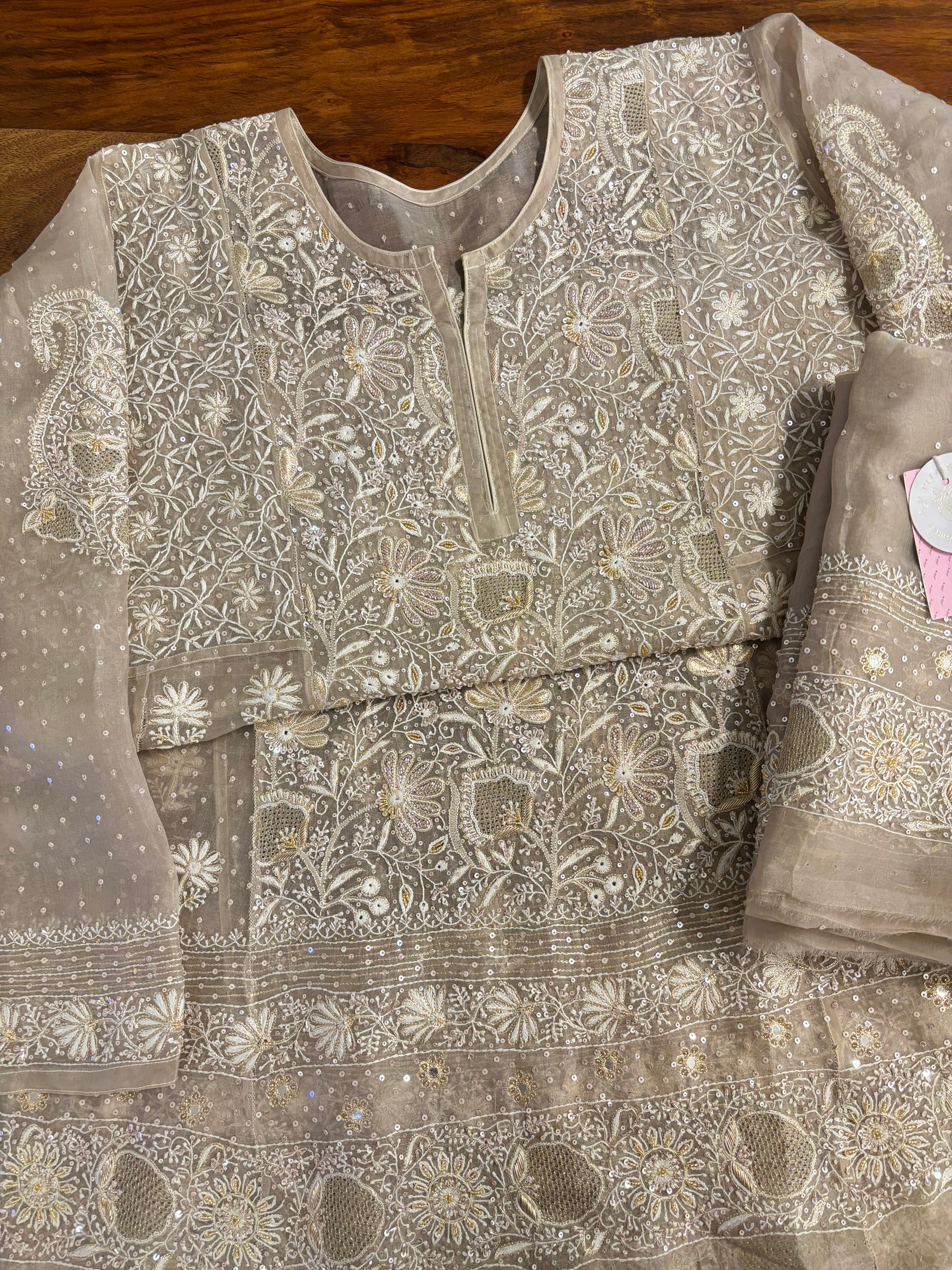 Deep Sand Organza Chikankari Anarkali & Dupatta Set - Pleats PleaseChikankari