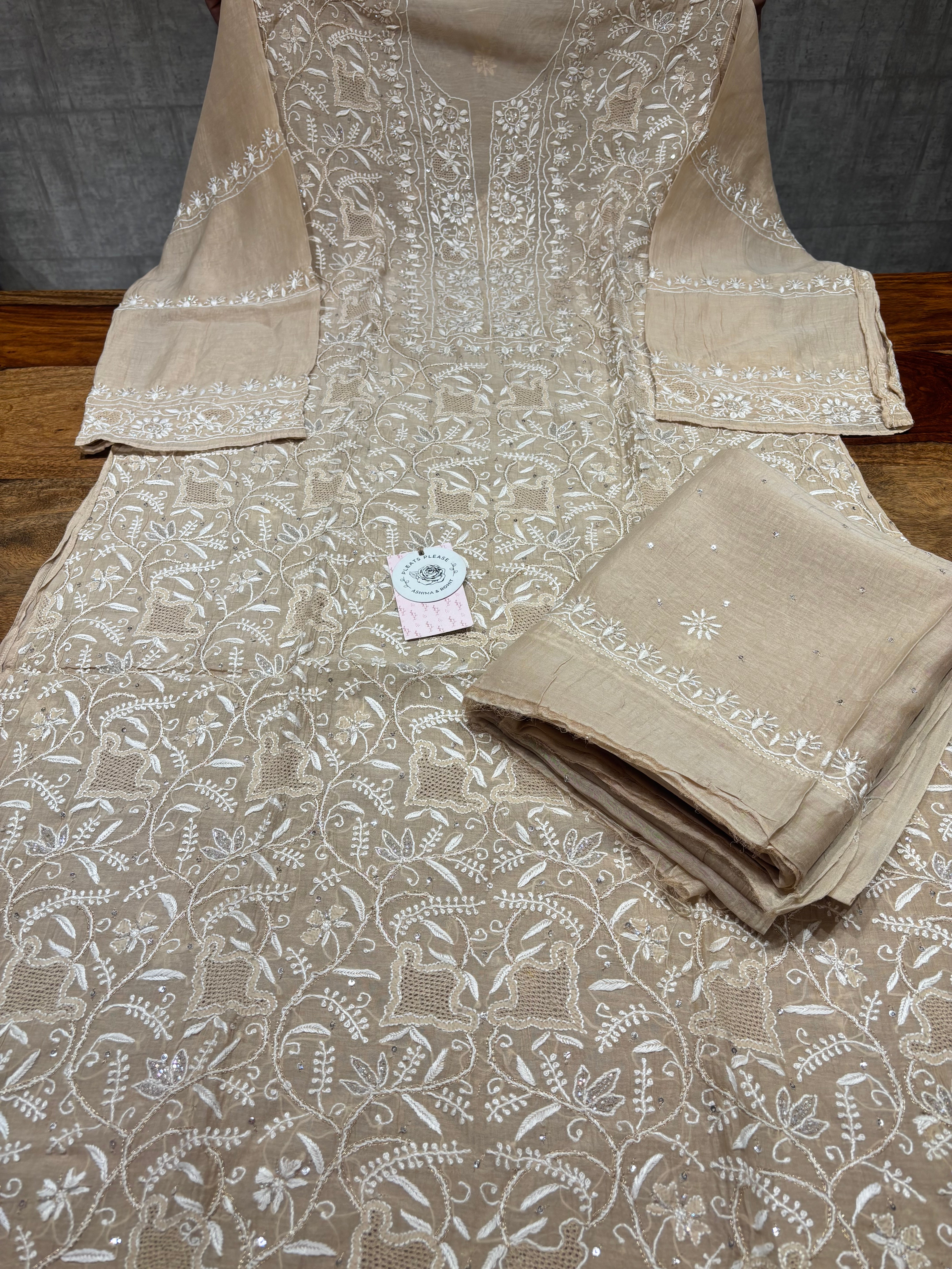 Coffee Creme Chanderi Mul Chikankari Kurta & Dupatta Set