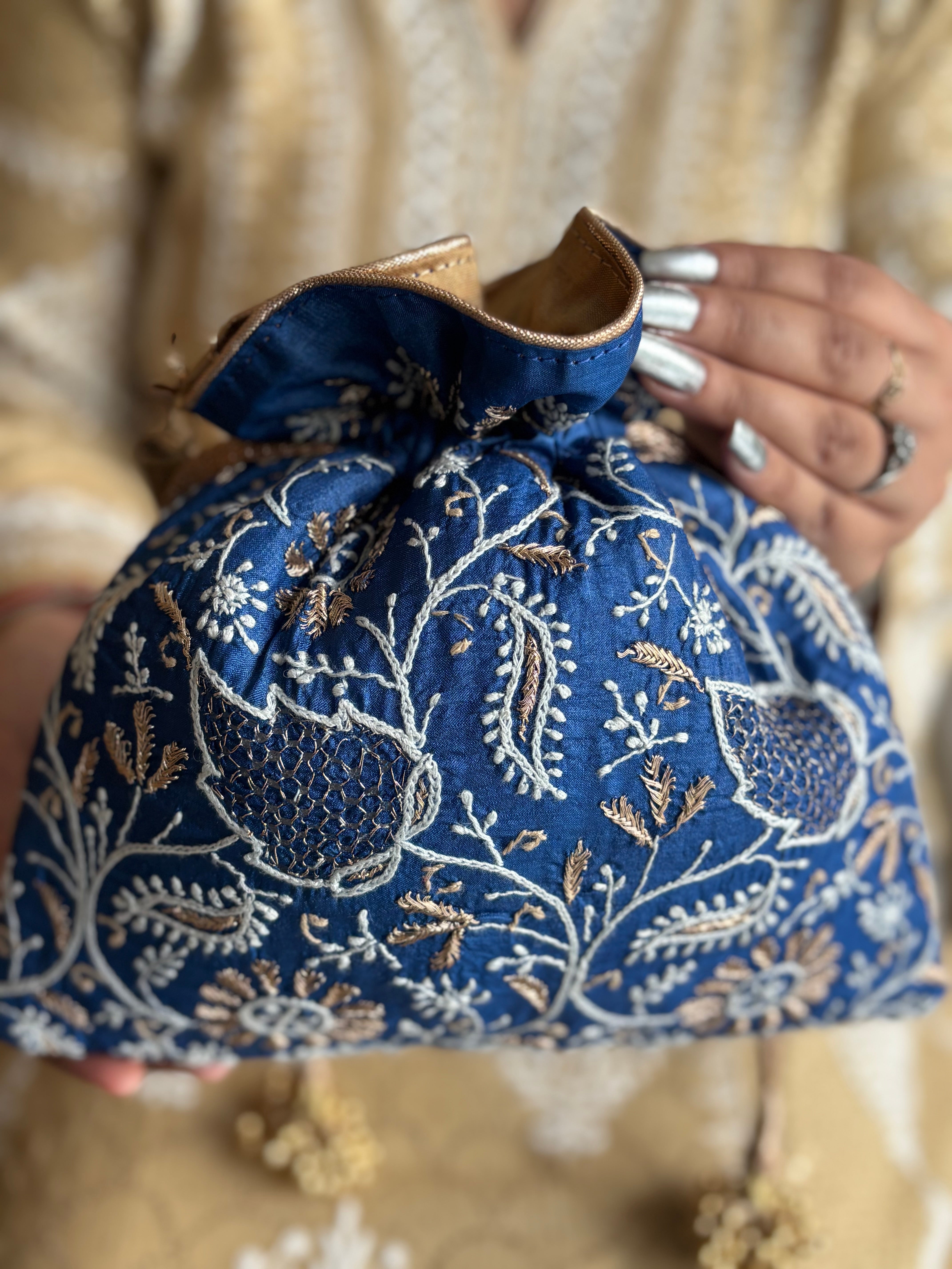 Blue Silk Chikankari Potli