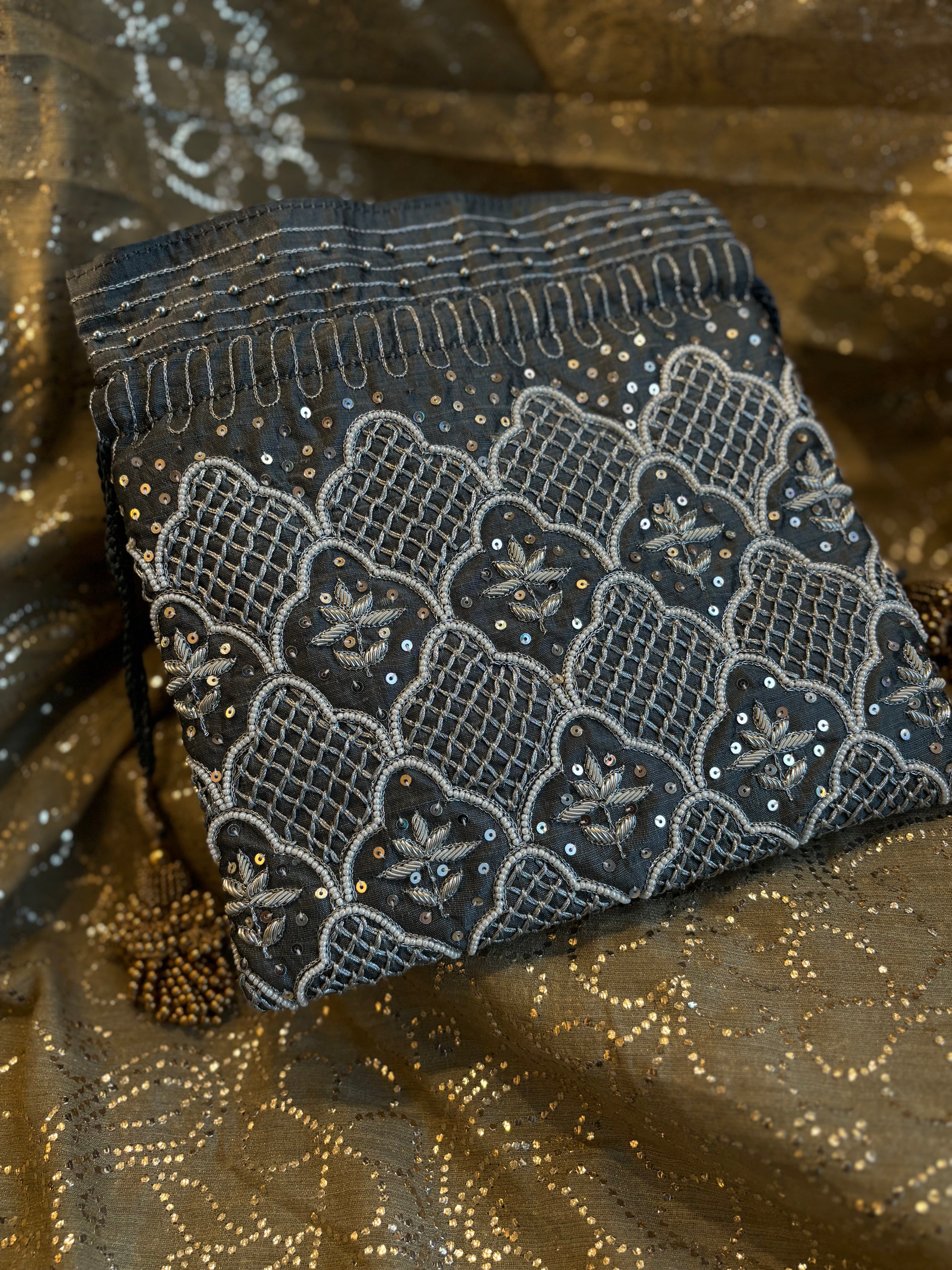 Ice Grey Zardozi & Kasab Potli - Pleats PleaseChikankari
