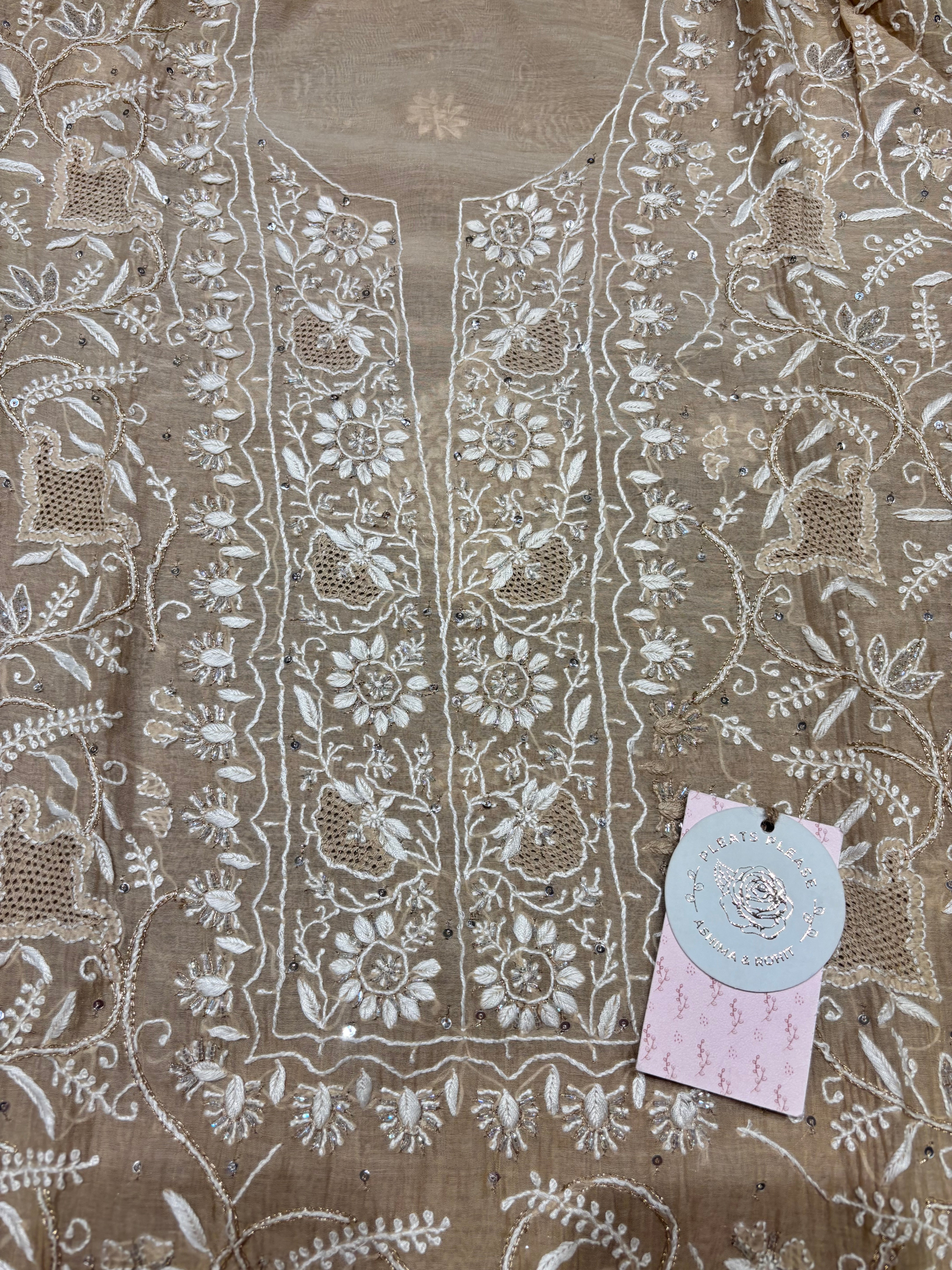 Coffee Creme Chanderi Mul Chikankari Kurta & Dupatta Set