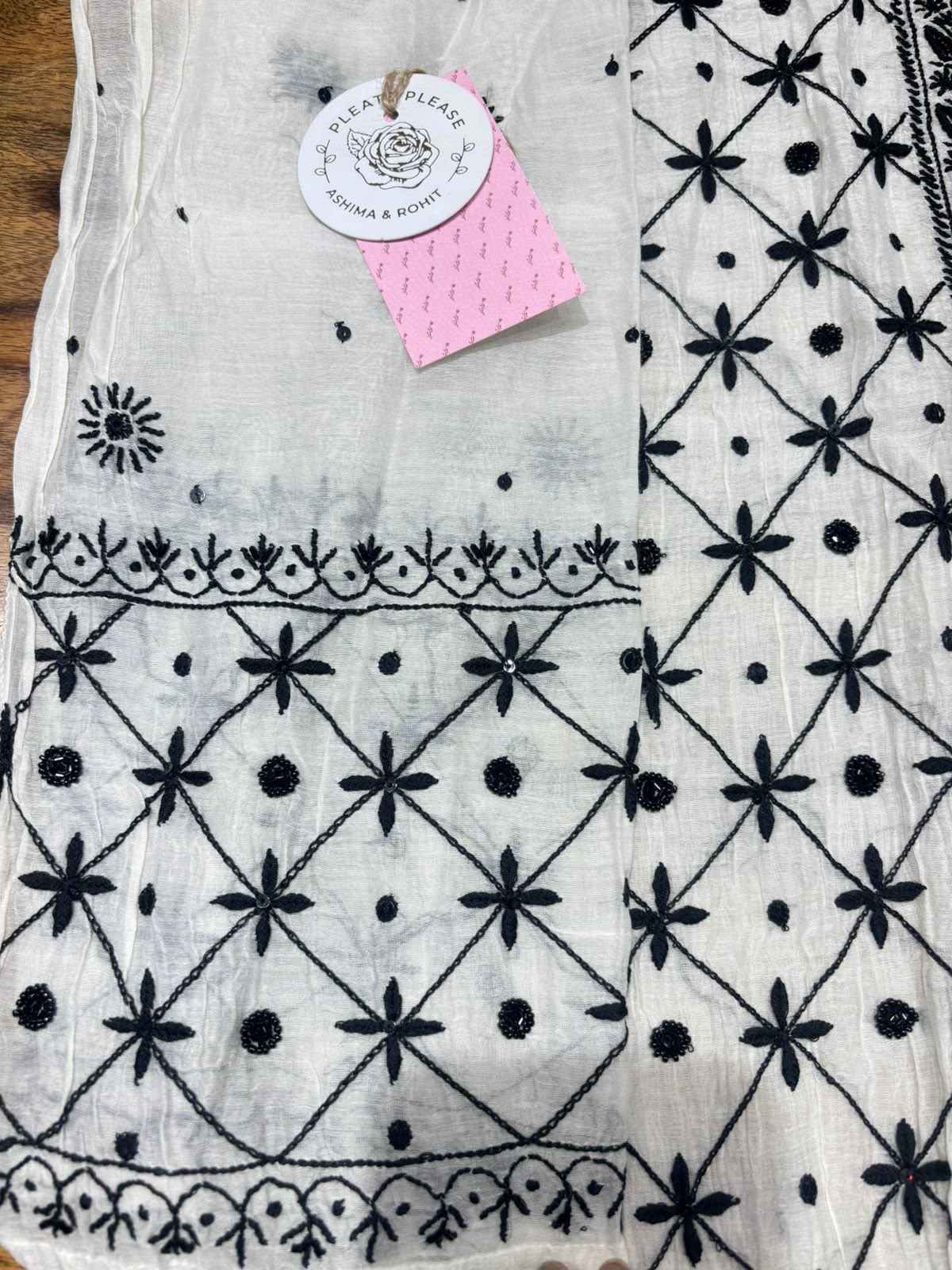 Dyeable Black & White Chanderi Mul Chikankari Kurta & Dupatta