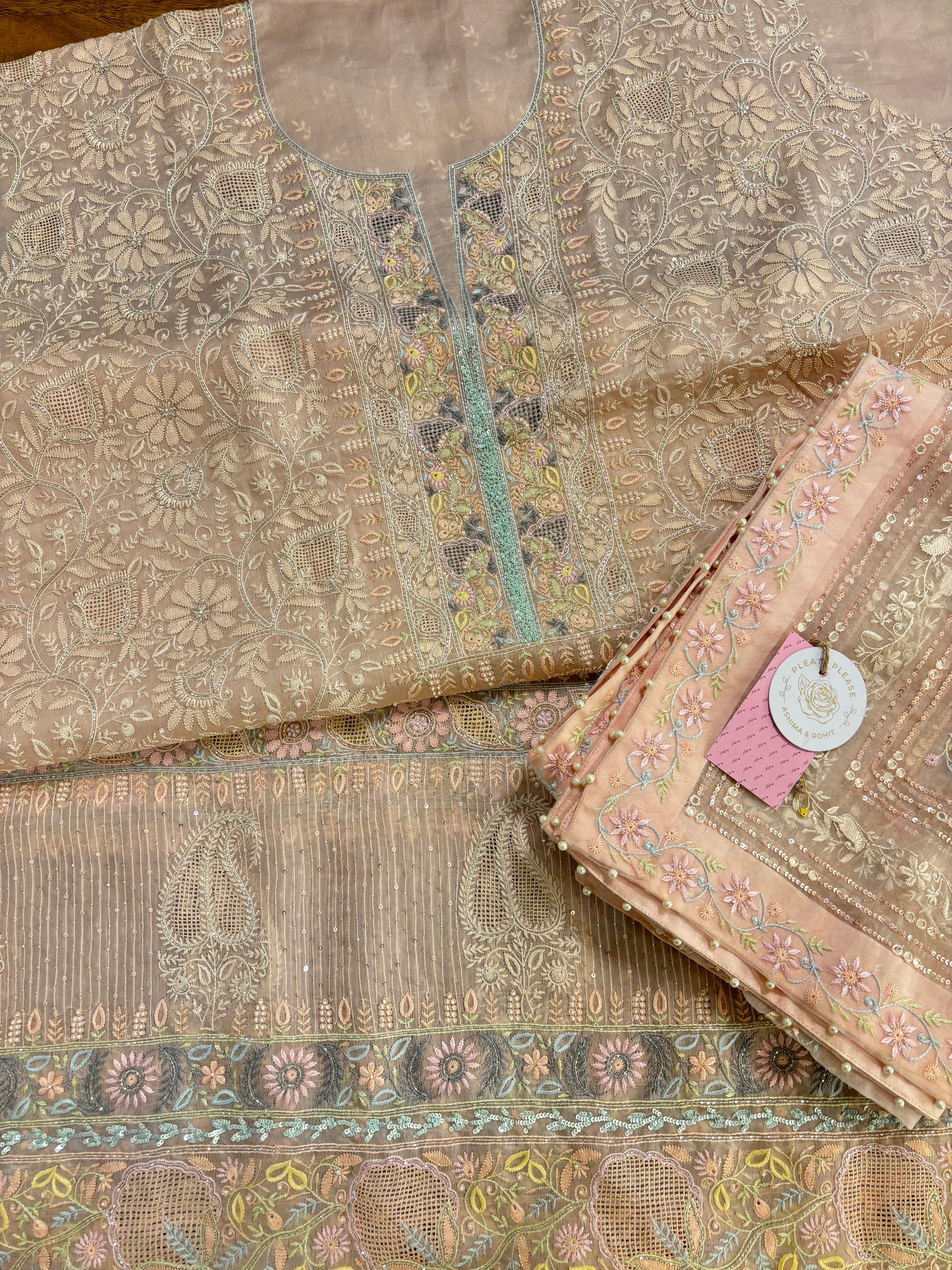 Pastel Peach Organza Mirror Chikankari Kurta & Dupatta