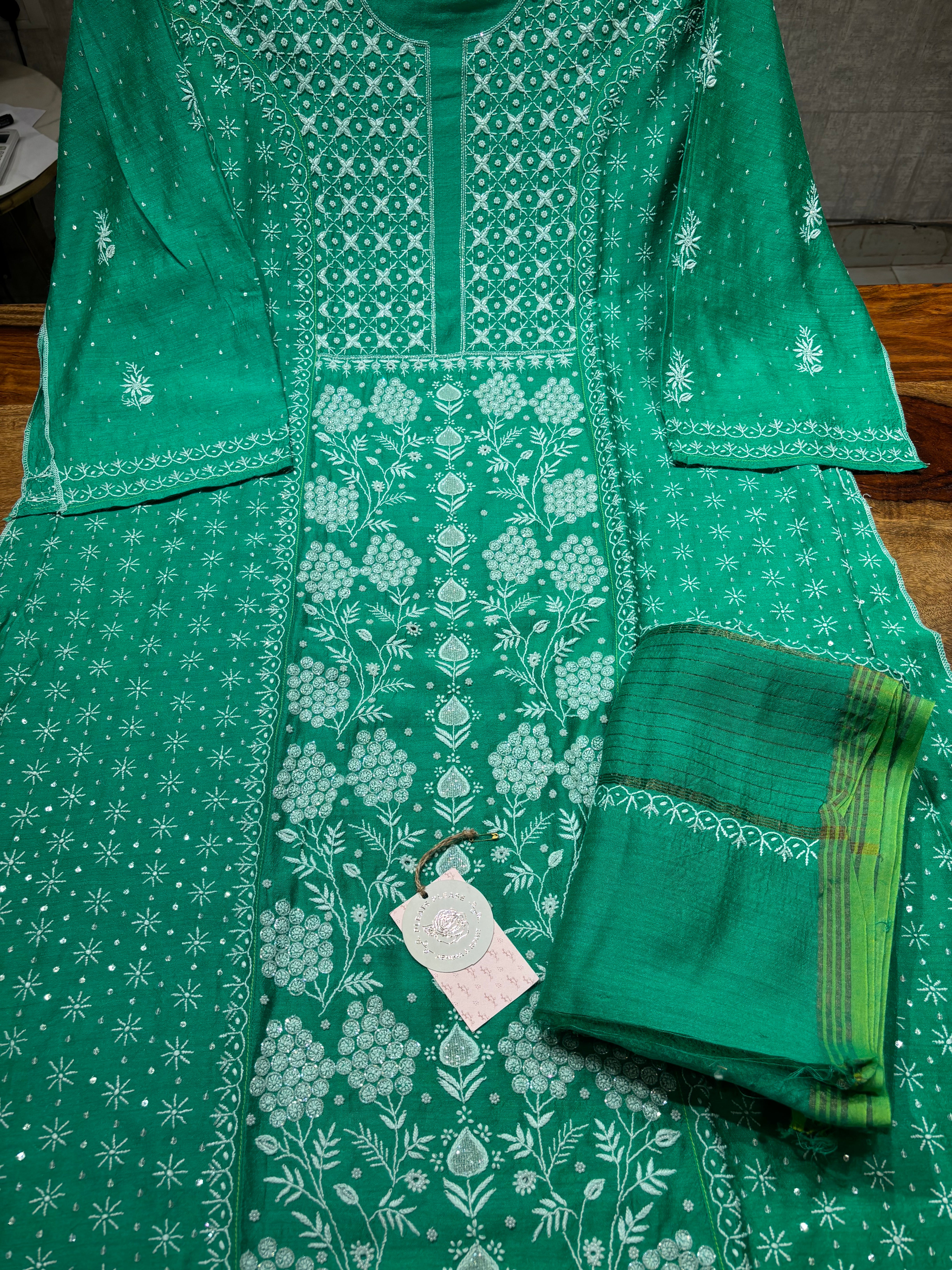 Green Monga silk Chikankari Kurta and Dupatta set
