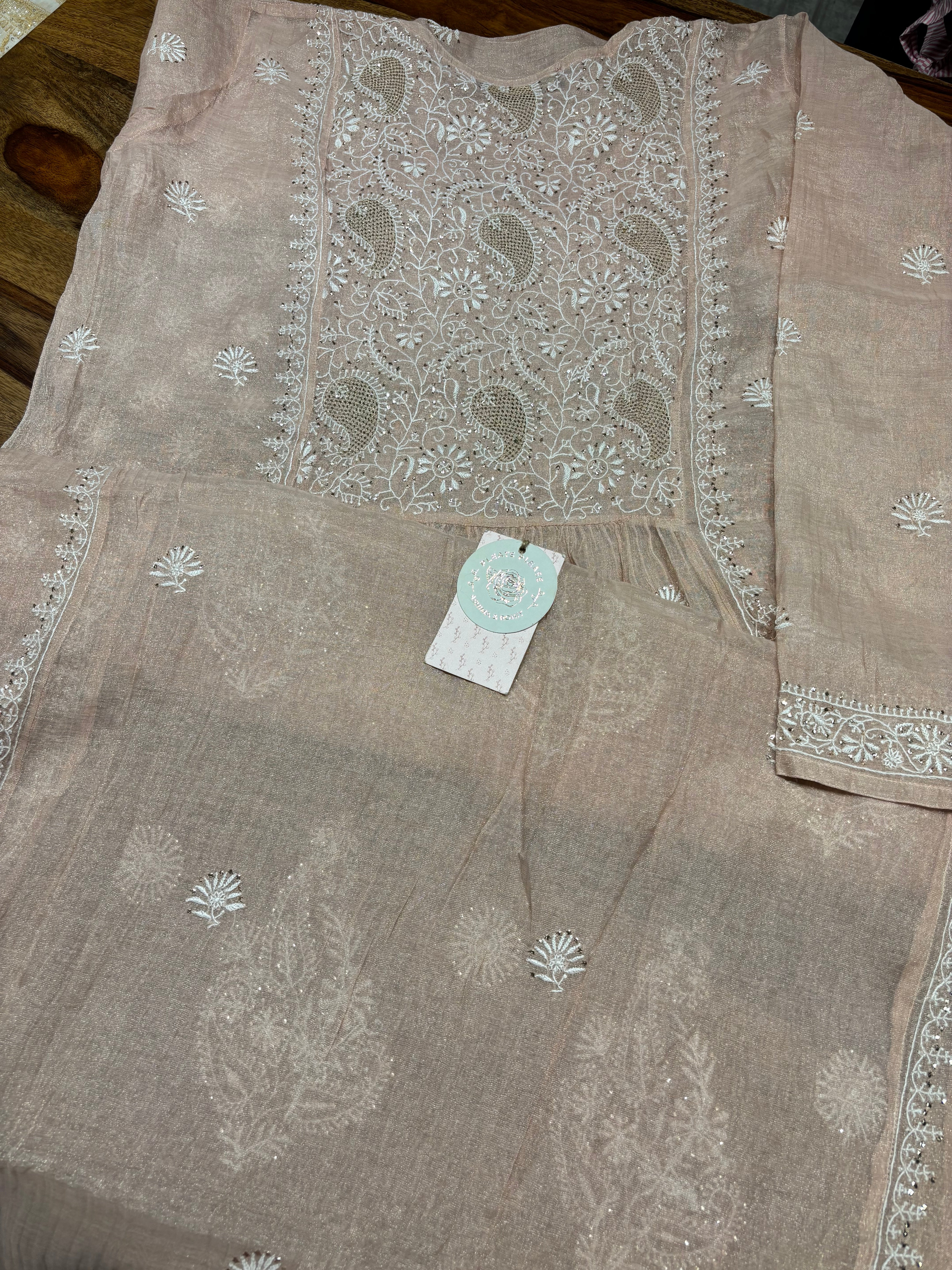 Peach Pure & Premium Tissue Chikankari Angrakha Kurta & Dupatta Set
