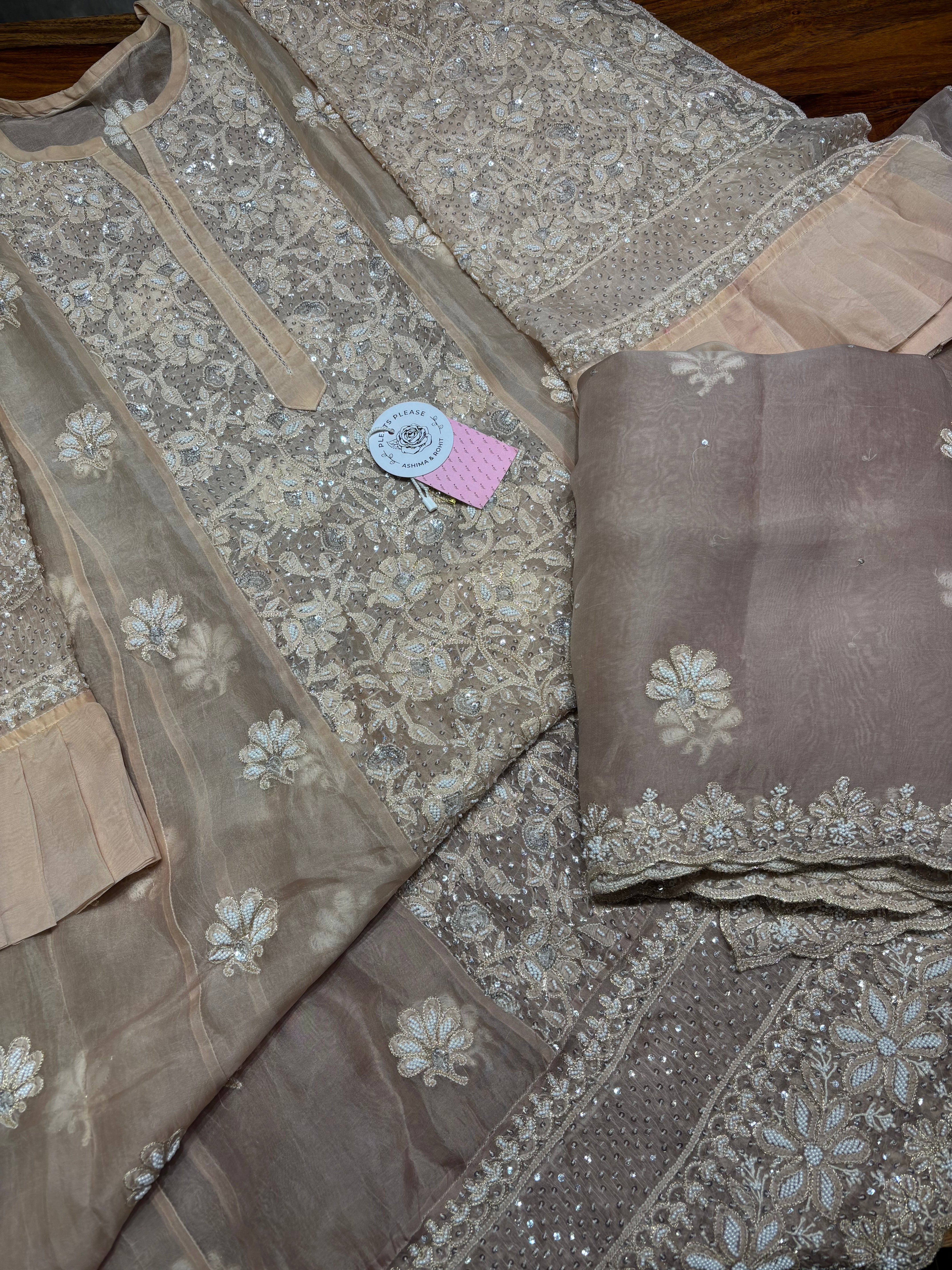 Brown Ombre Pure & Premium Organza Silk Chikankari Anarkali & Dupatta