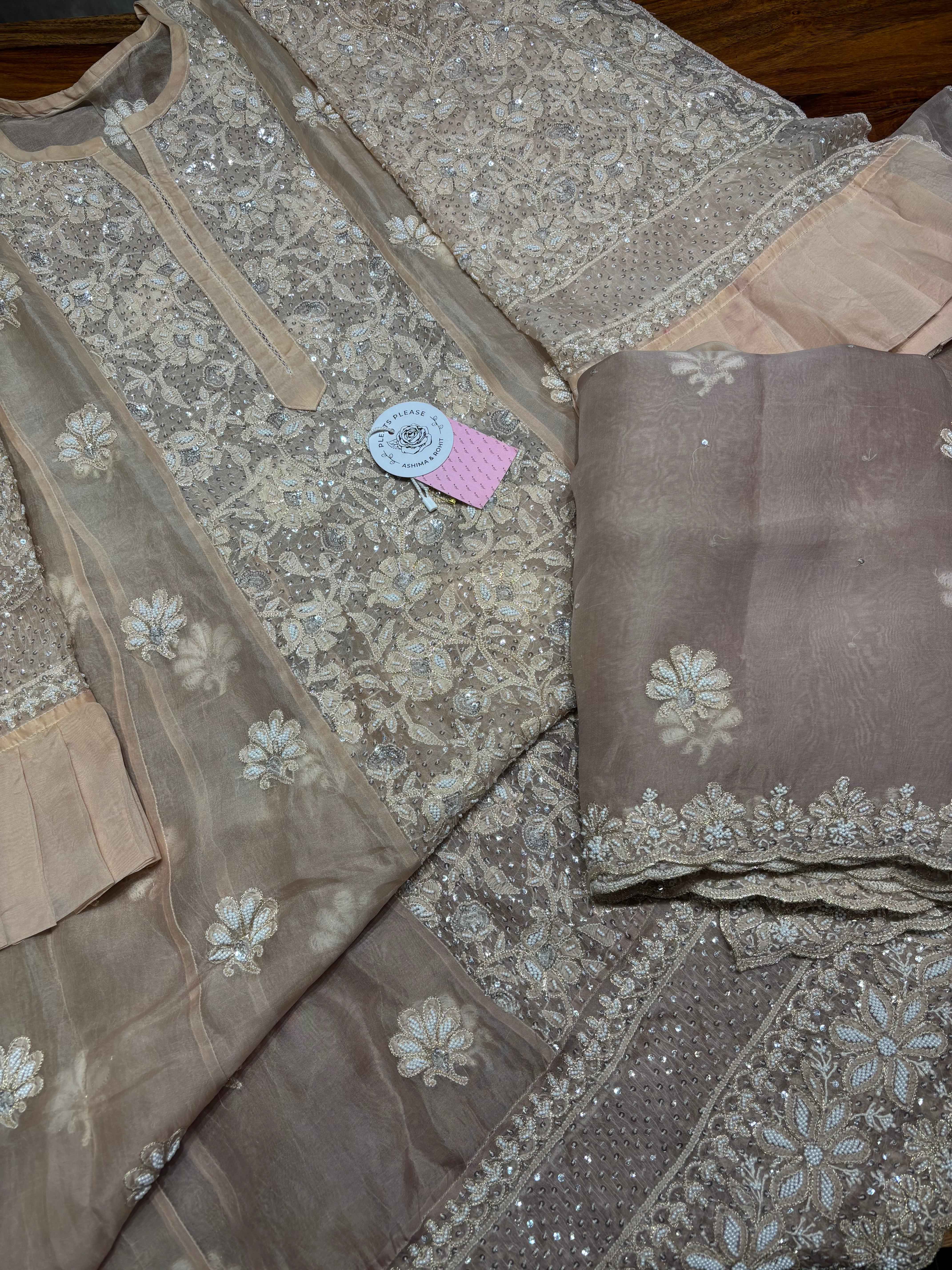 Brown Ombre Pure & Premium Organza Silk Chikankari Anarkali & Dupatta - Pleats PleaseChikankari