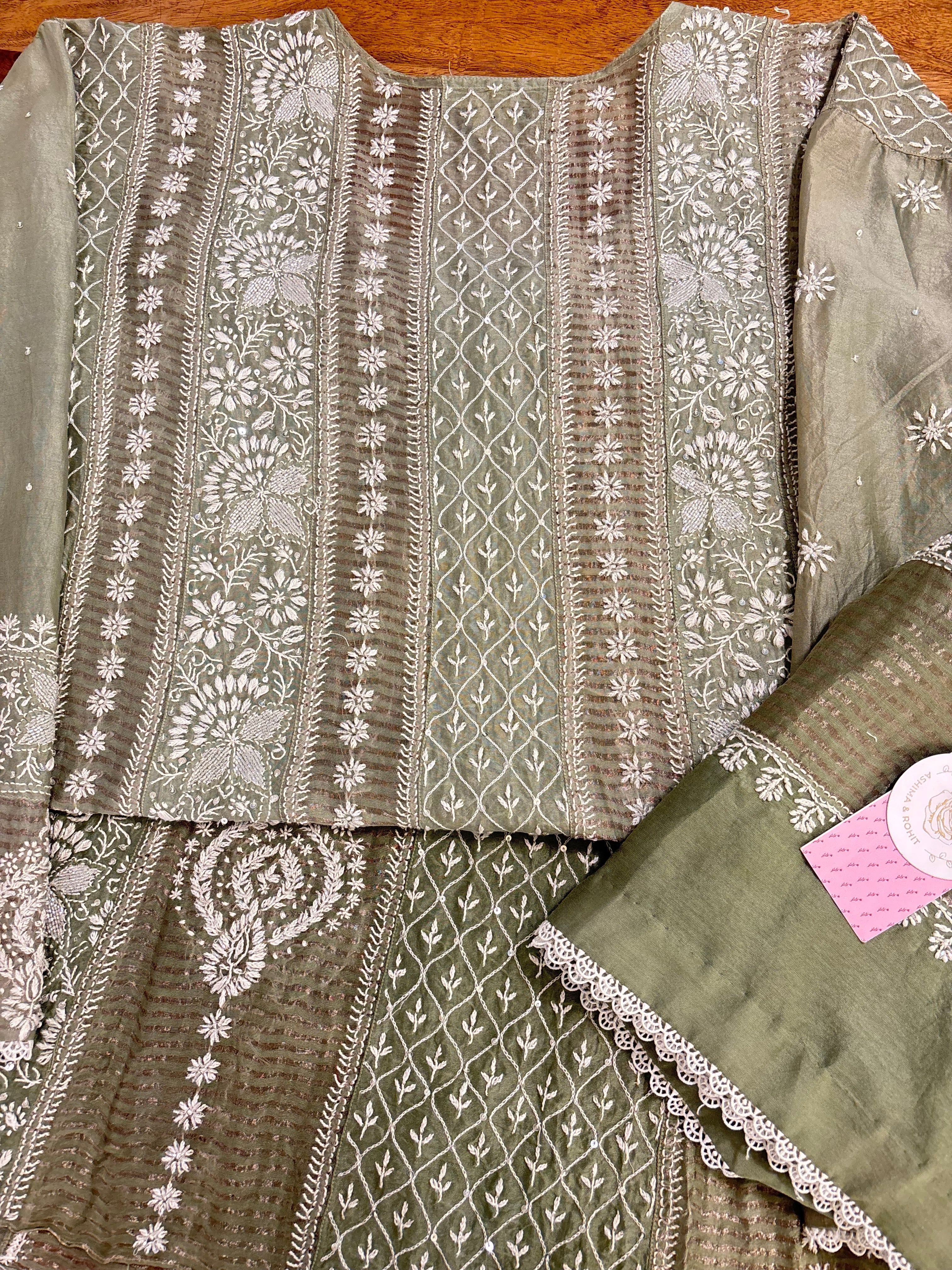 Olive Green Ombré Chanderi Chikankari Anarkali & Dupatta Set
