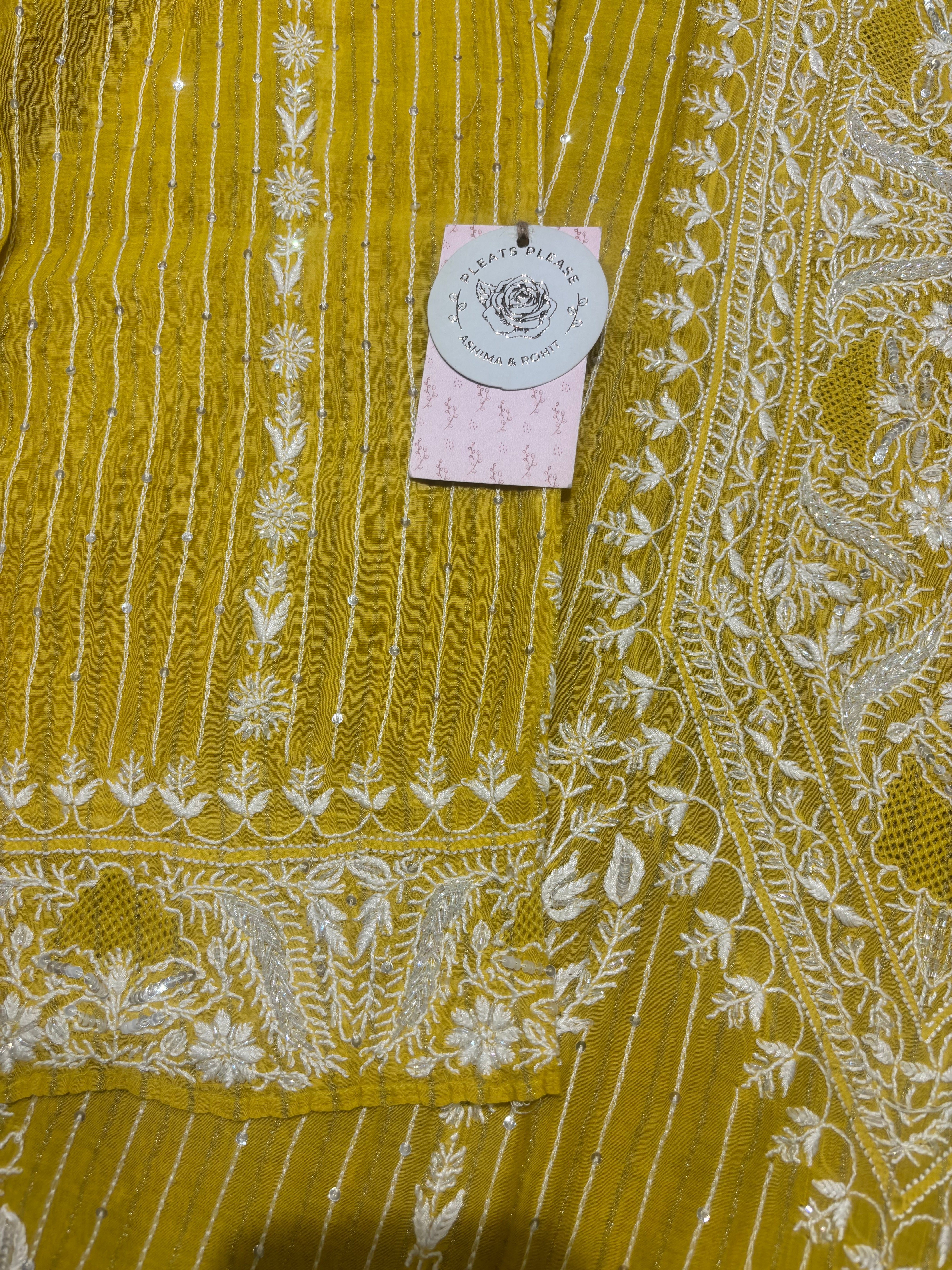 Mustard Chanderi Mul Chikankari Kurta & Dupatta Set