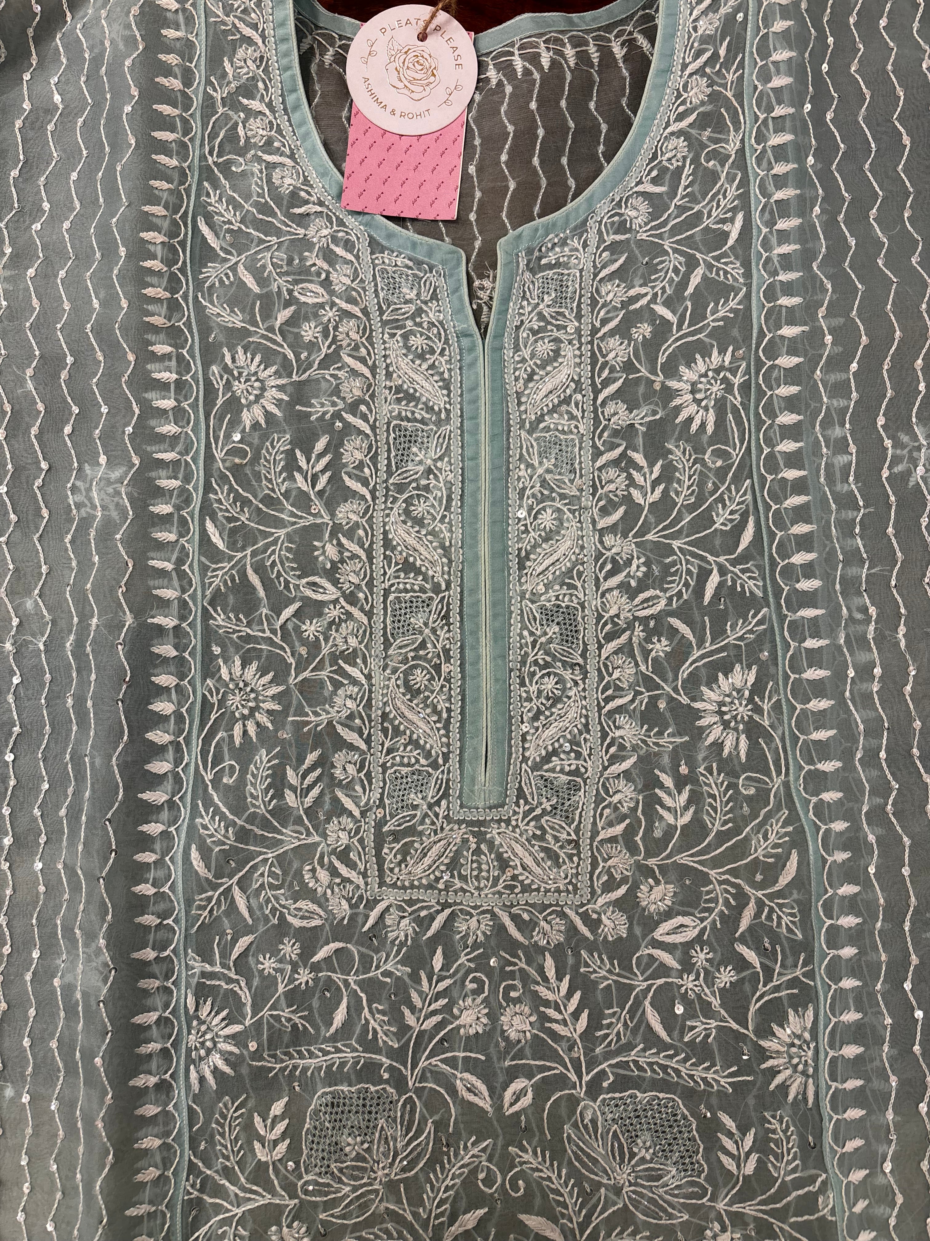 Mint Green Pure Organza Chikankari Kurta & Dupatta