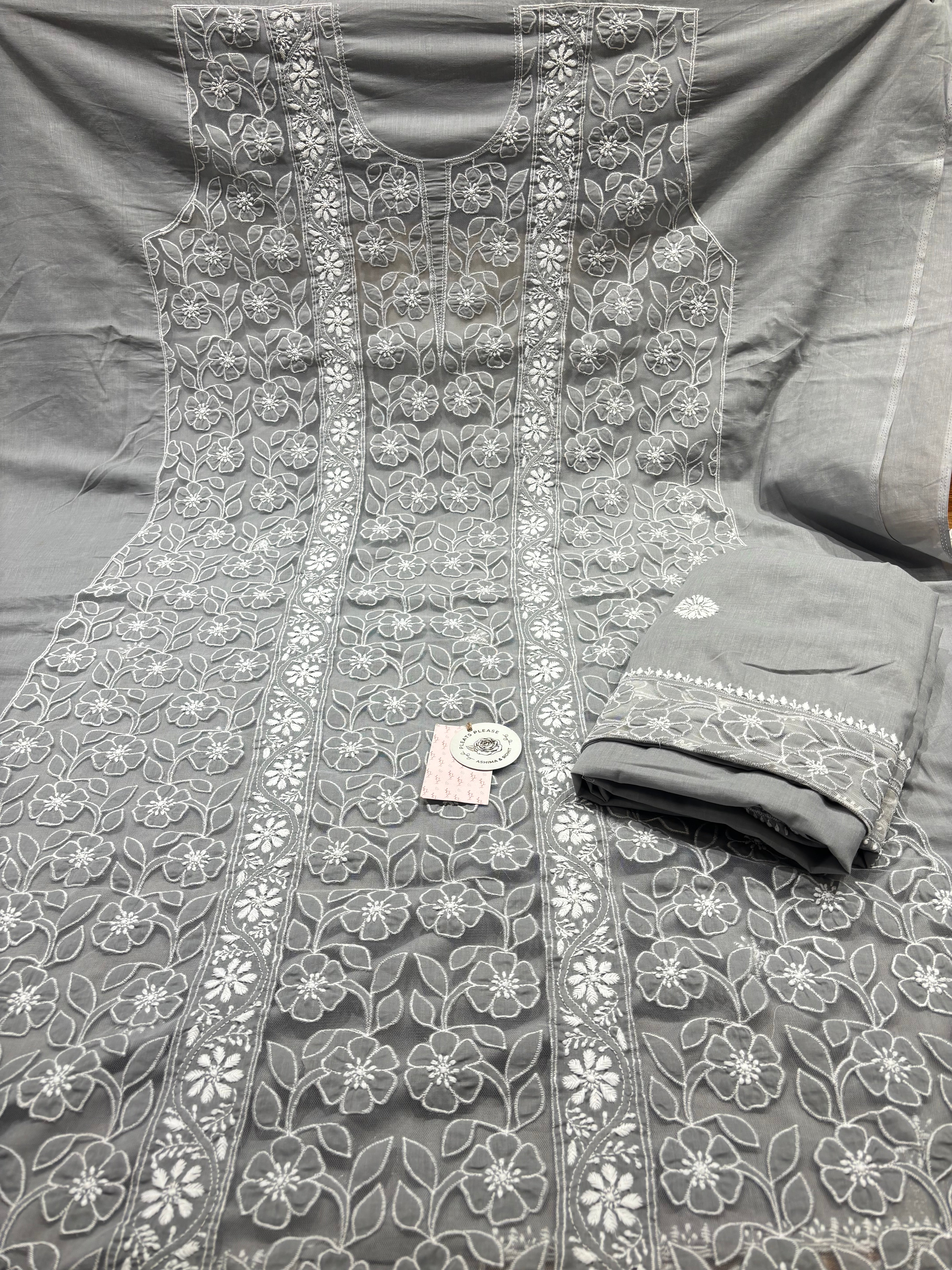 Gray Mulmul Soft Net Chikankari Applique Kurta And Dupatta Fabric