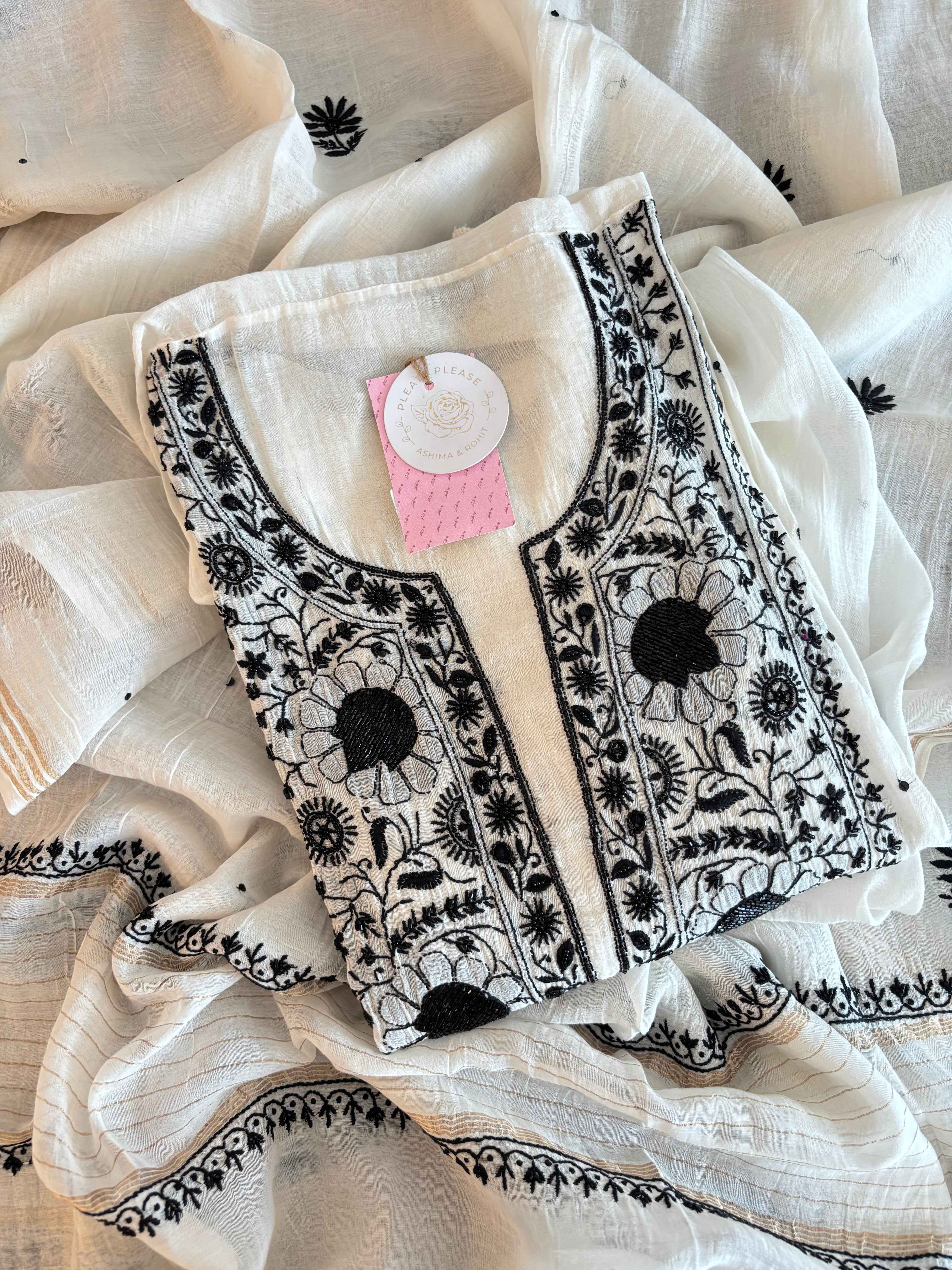 Dyeable Black & White Chanderi Chikankari Kurta & Dupatta