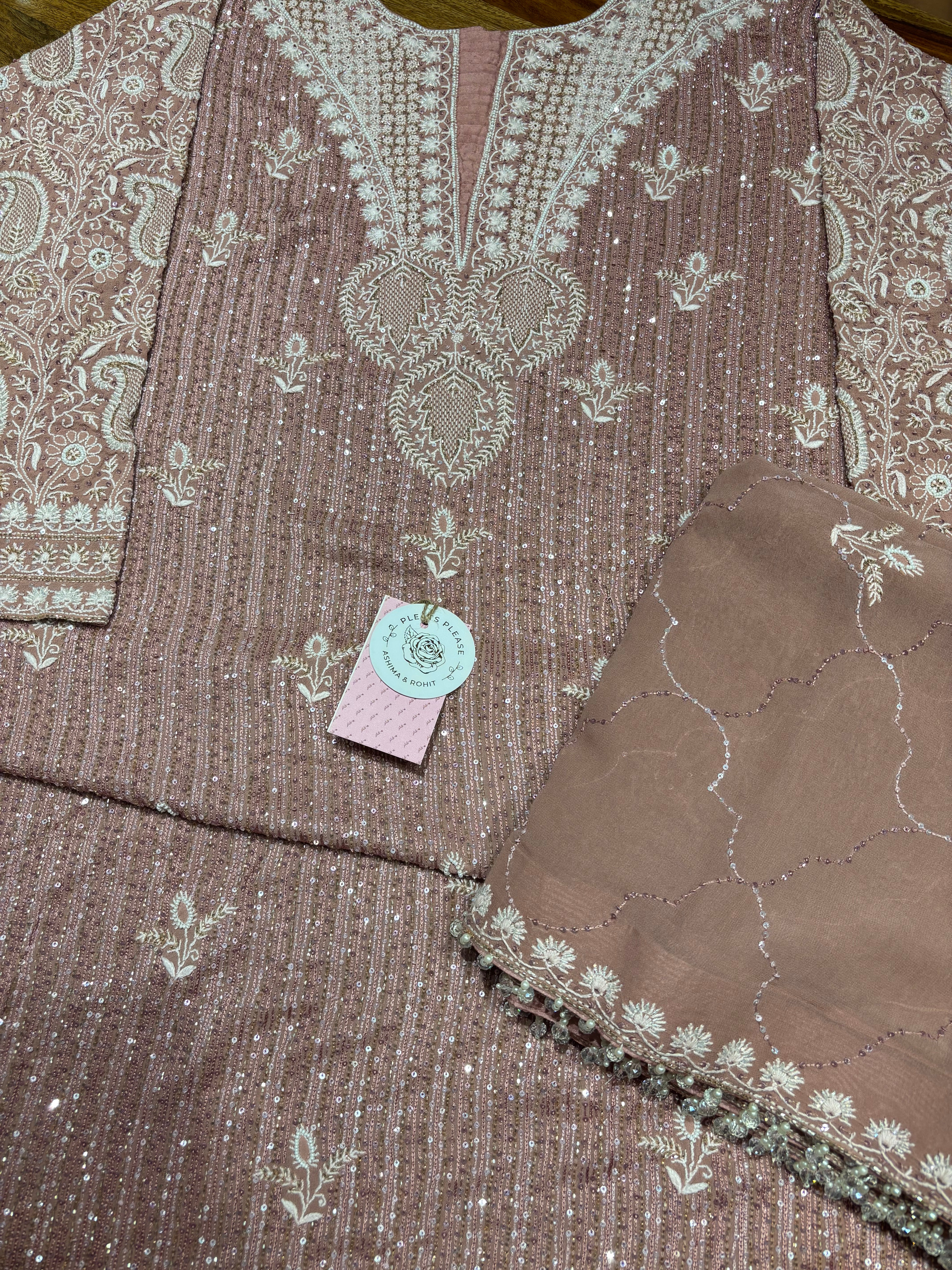 Taupe pink Pure & Premium Georgette Chikankari Kurta & Dupatta Set