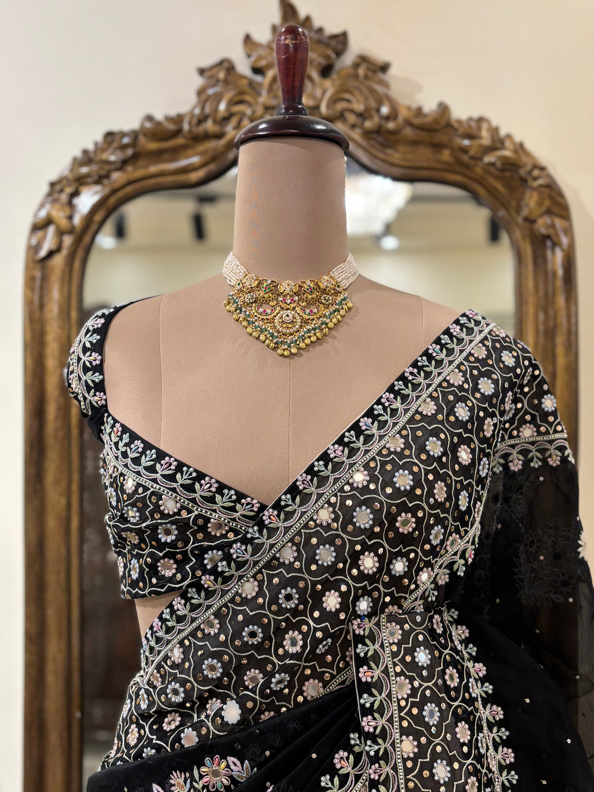 Black Multicoloured Pure Organza Chikankari Mirror Saree