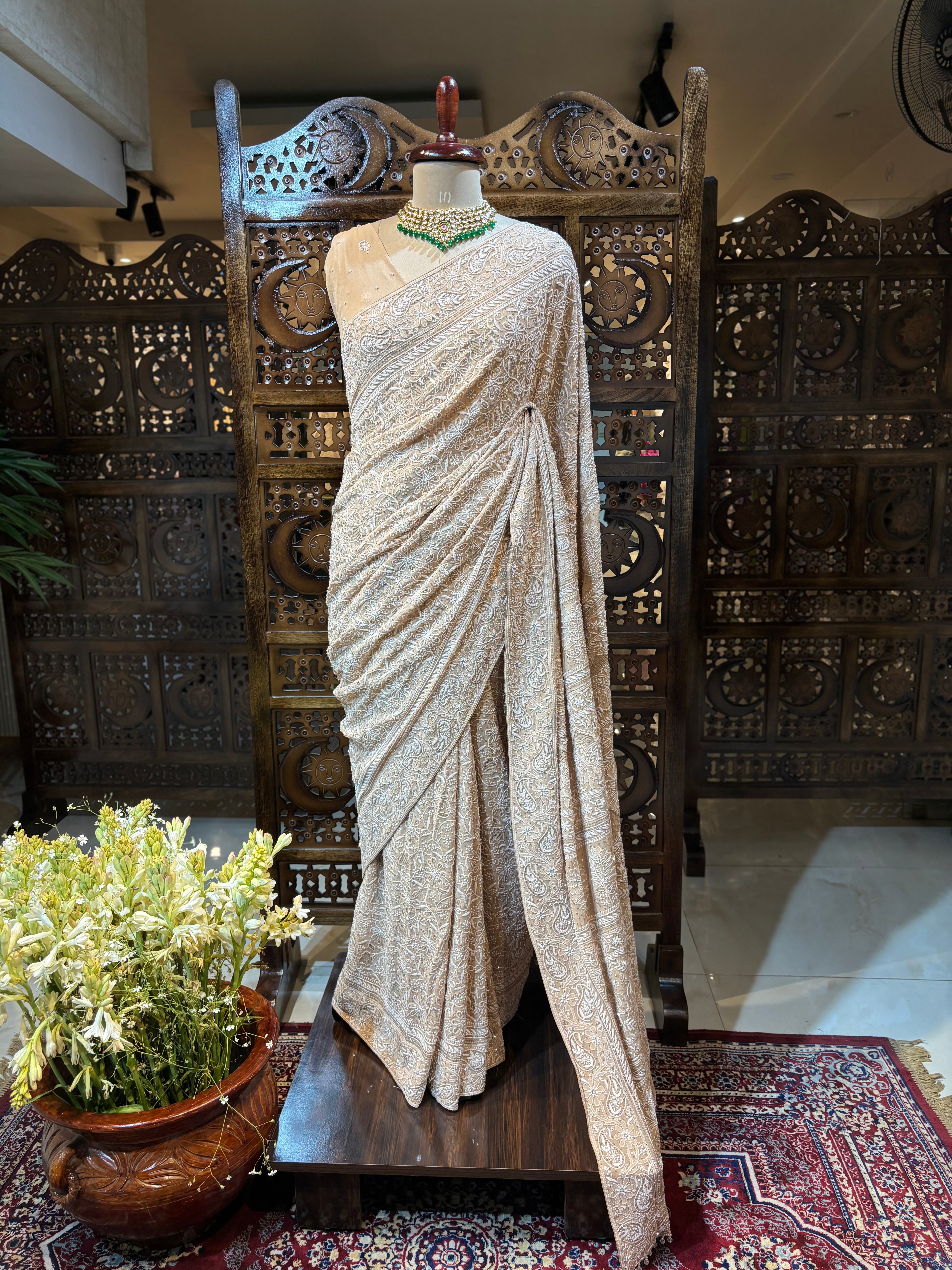 Dusky Beige Pure & Premium Georgette Chikankari Saree