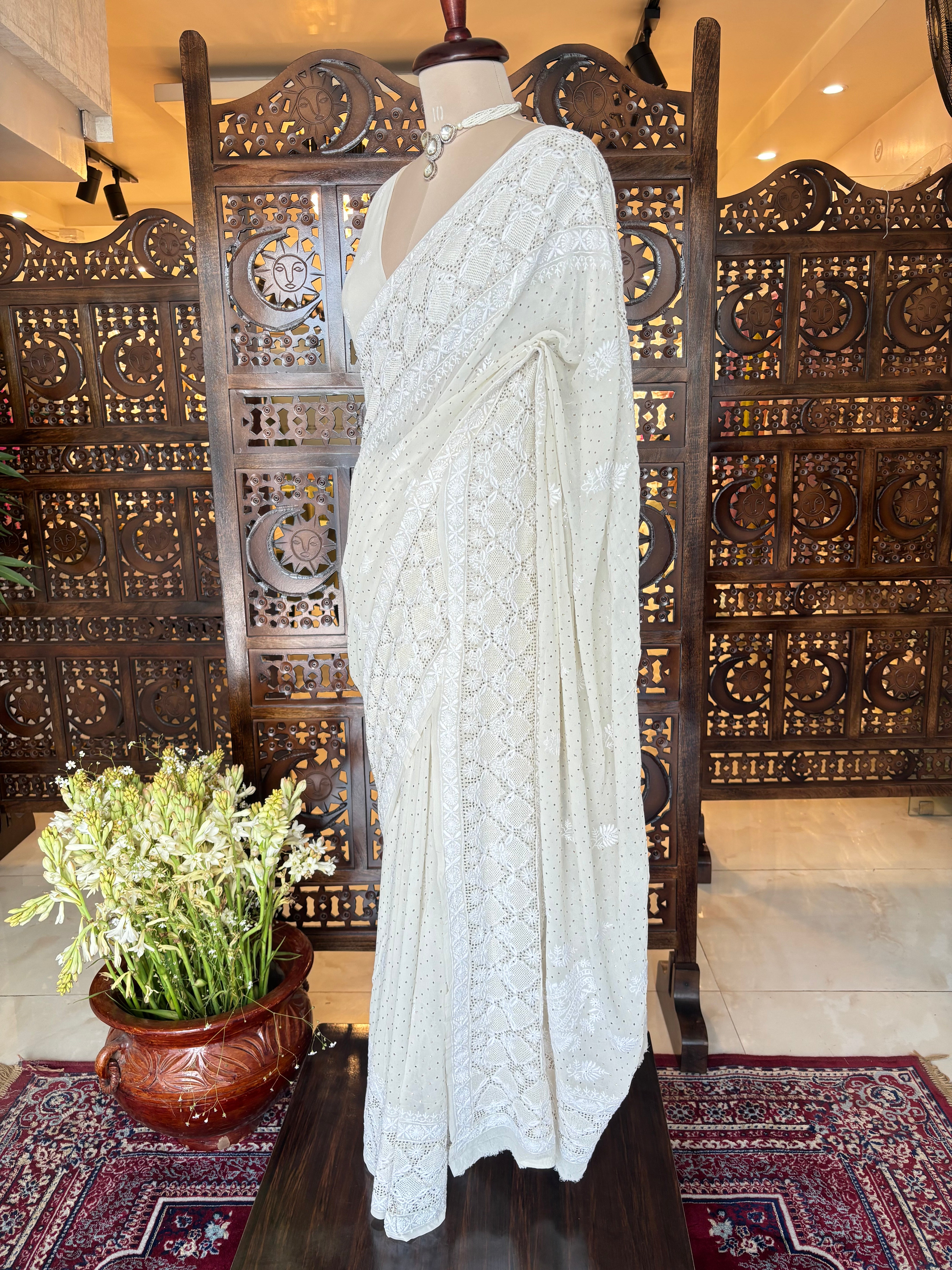 Dyeable Pure & Premium Georgette Mukaish Chikankari Saree