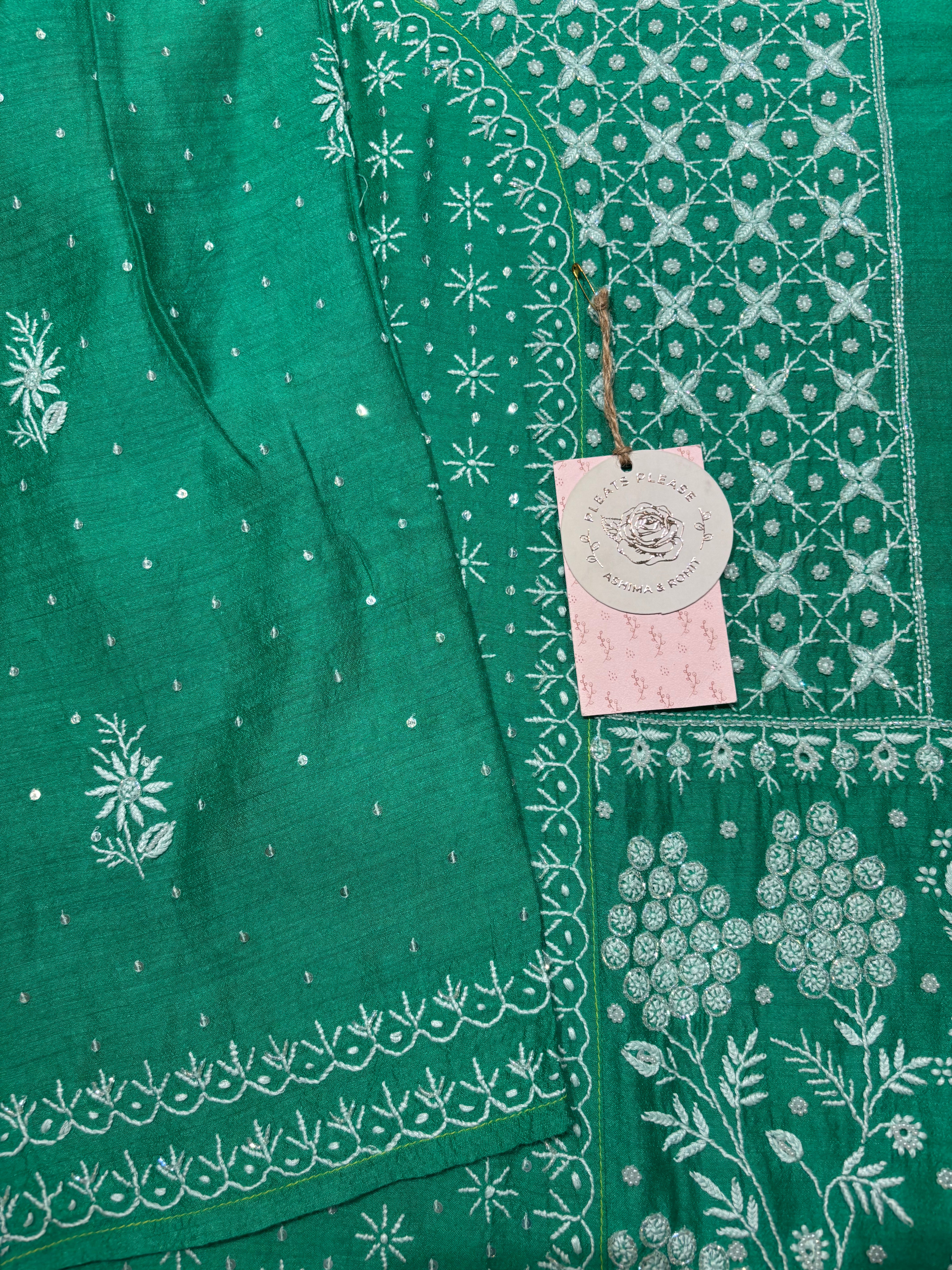 Green Monga silk Chikankari Kurta and Dupatta set