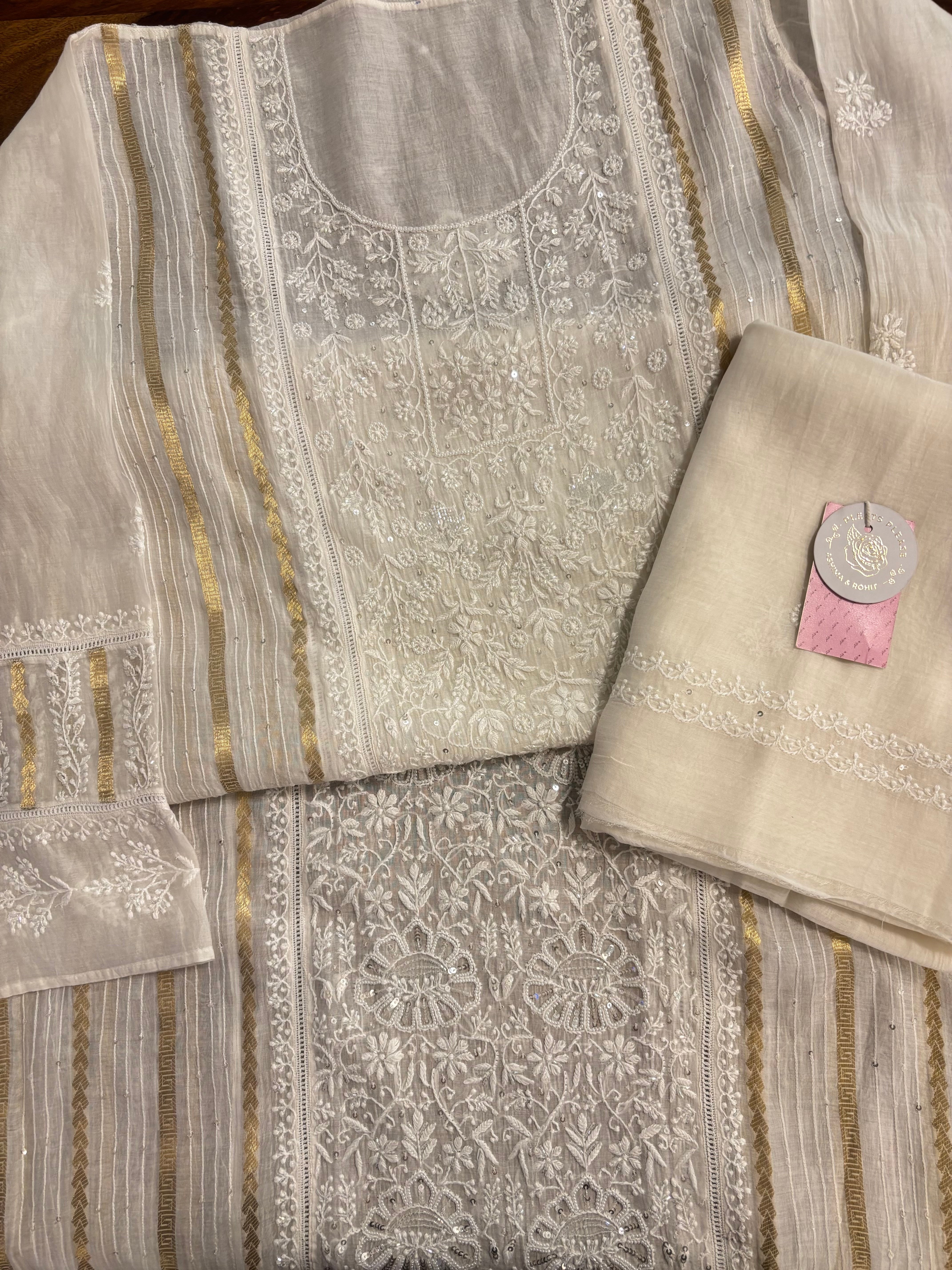 Dyeable Chanderi Mul Chikankari Kurta & Dupatta With Banarasi Weave