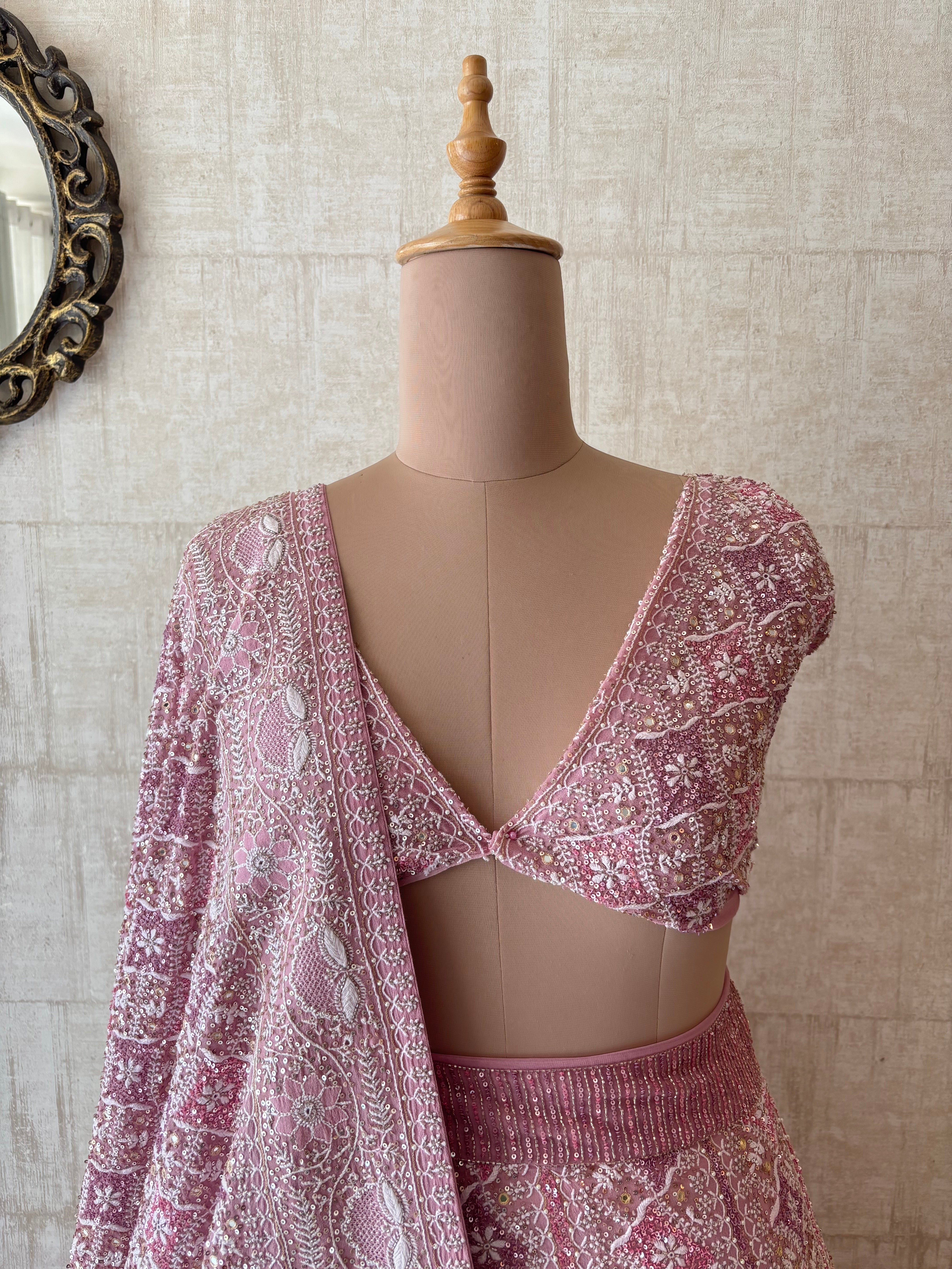 Onion Pink Pure & Premium Georgette Chikankari Lehenga Set