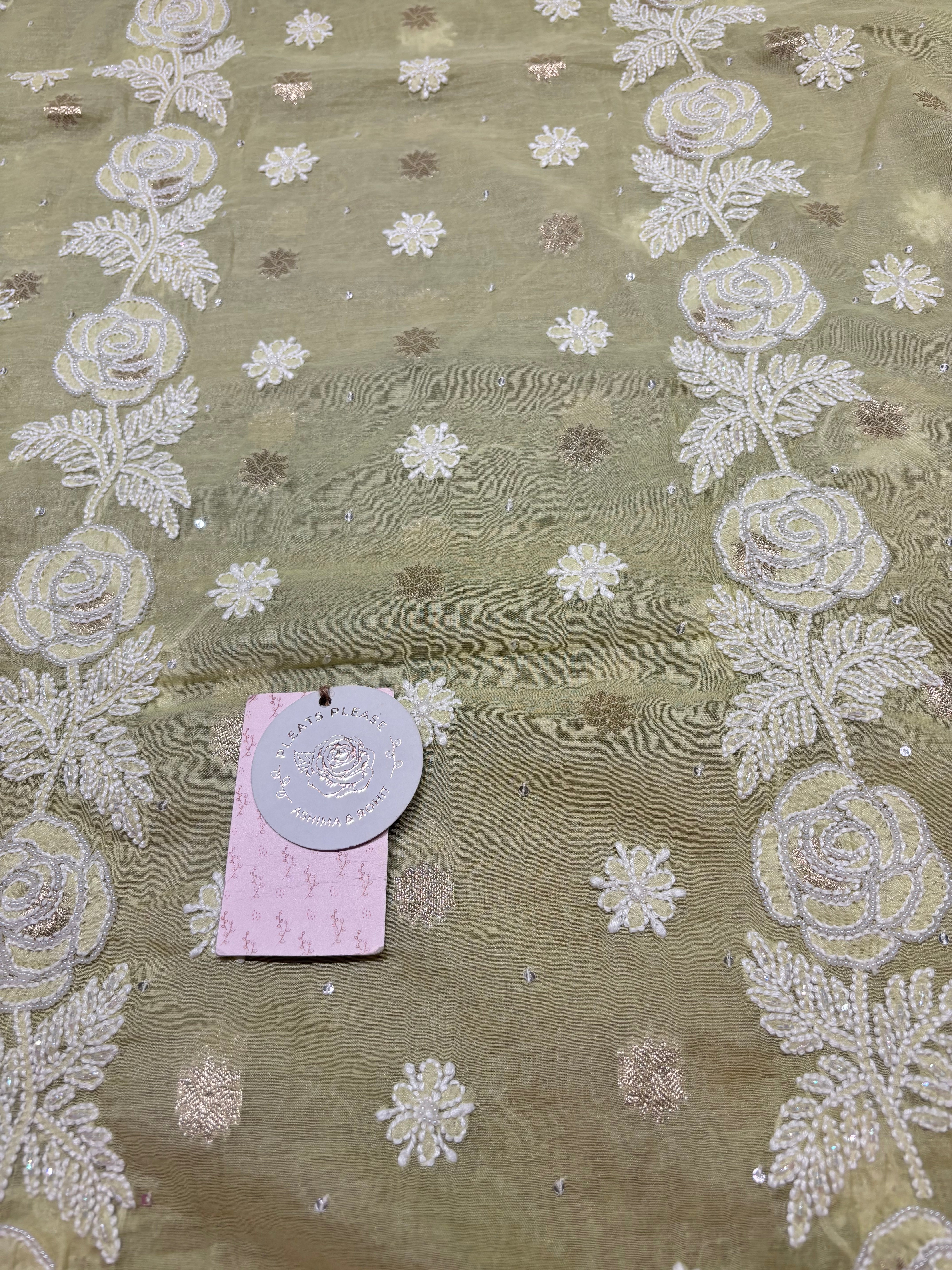 Pistachio Green Chanderi Silk Chikankari Kurta & Dupatta Fabric