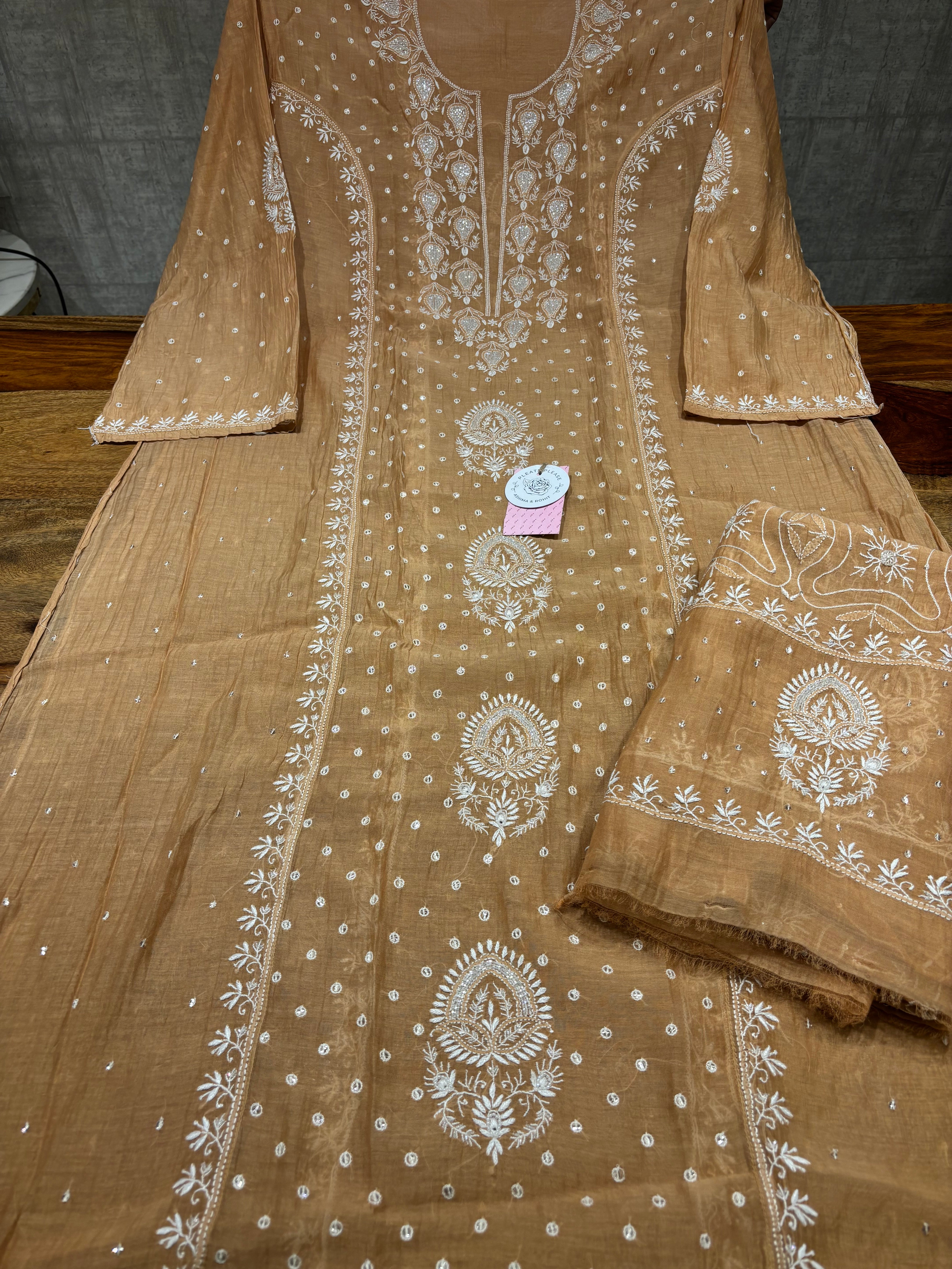 Chocolate Brown Chanderi Mul Chikankari Kurta & Dupatta Set