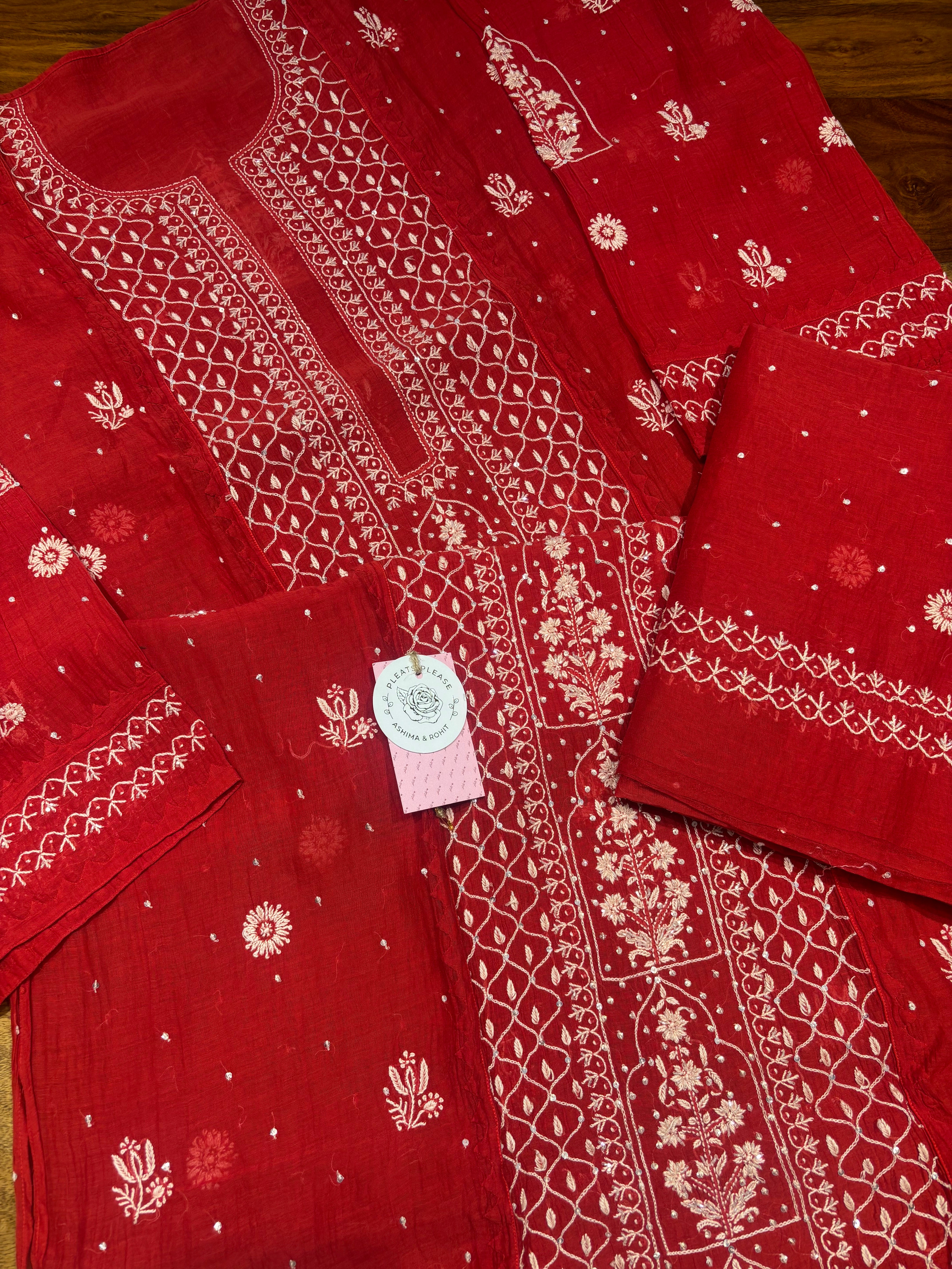 Red Chanderi Mul Chikankari Kurta and Dupatta Set