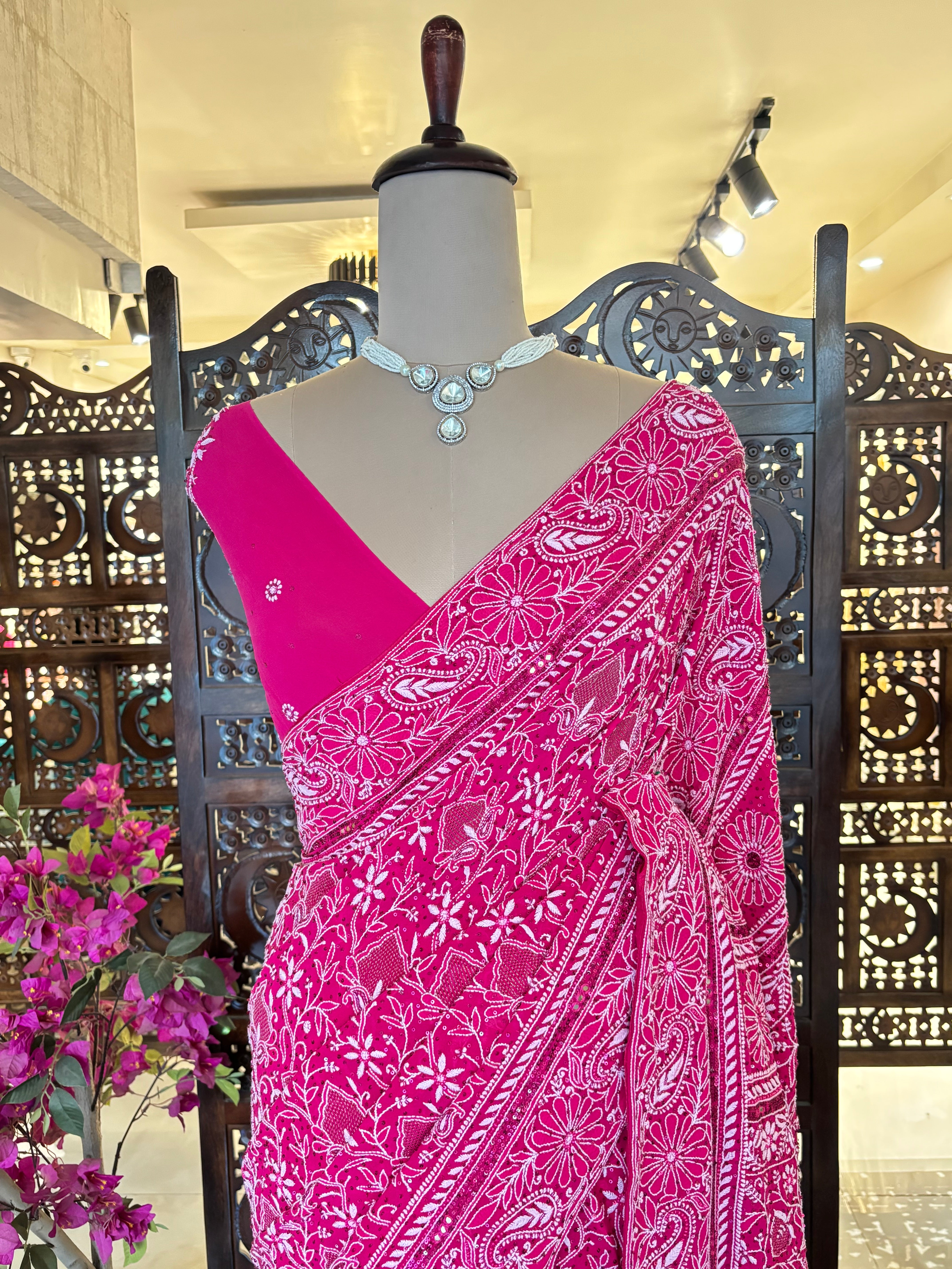 Magenta Pure & Premium Georgette Chikankari Saree - Pleats PleaseChikankari