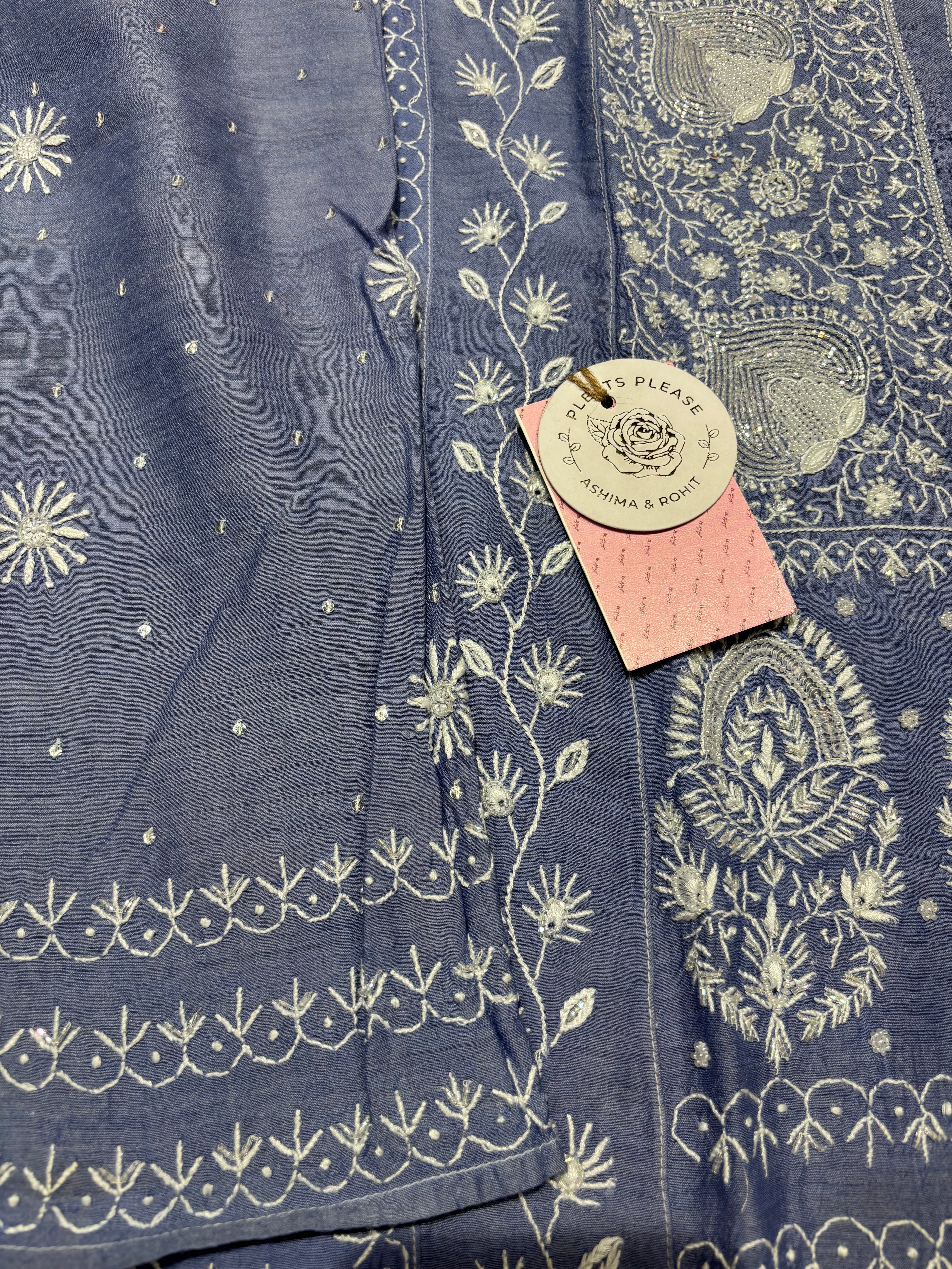 Blue pure Monga Silk Chikankari Kurta and Dupatta Set