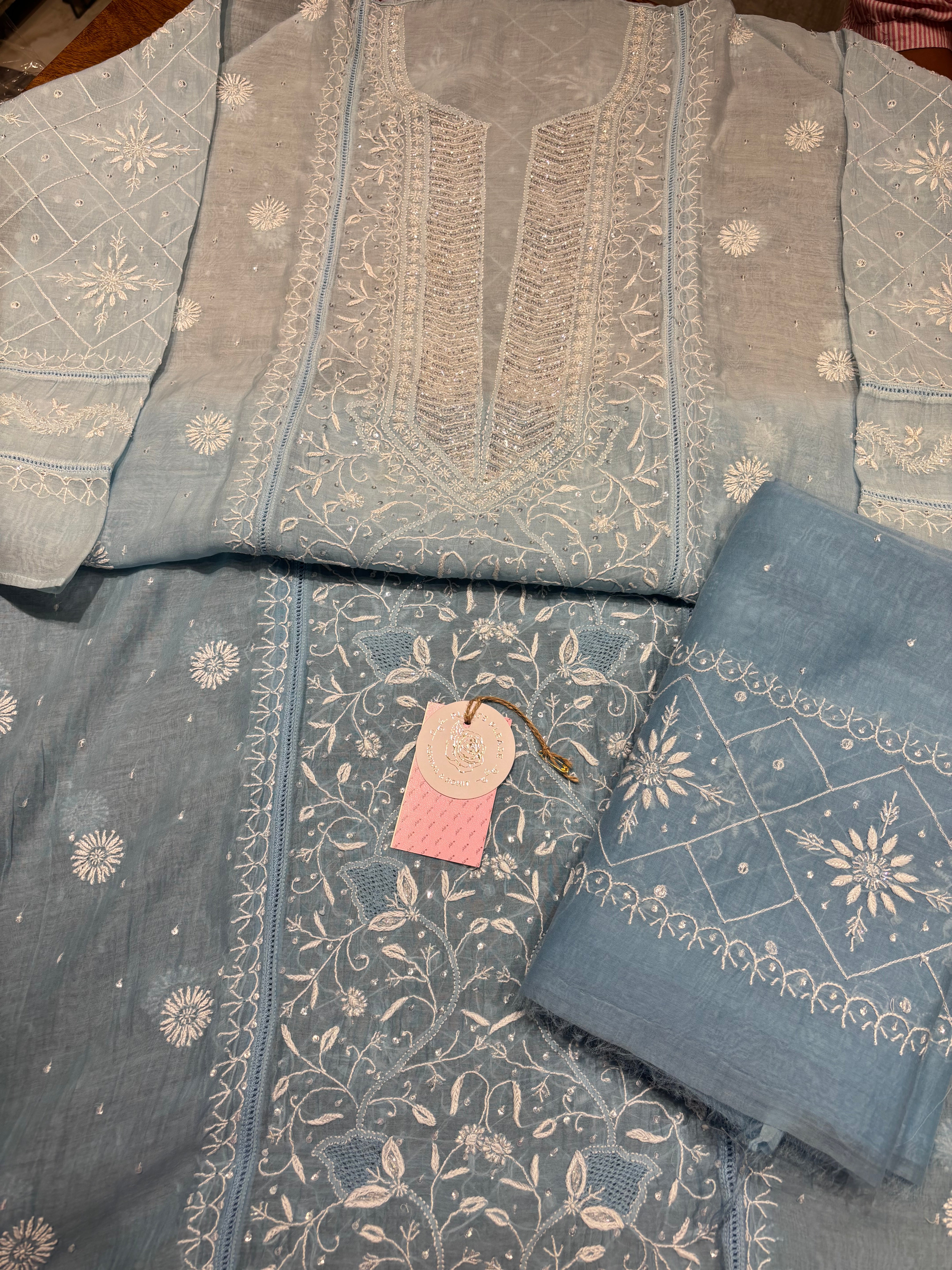 Powder Blue Ombre Chanderi Mul Chikankari Kurta & Dupatta aset