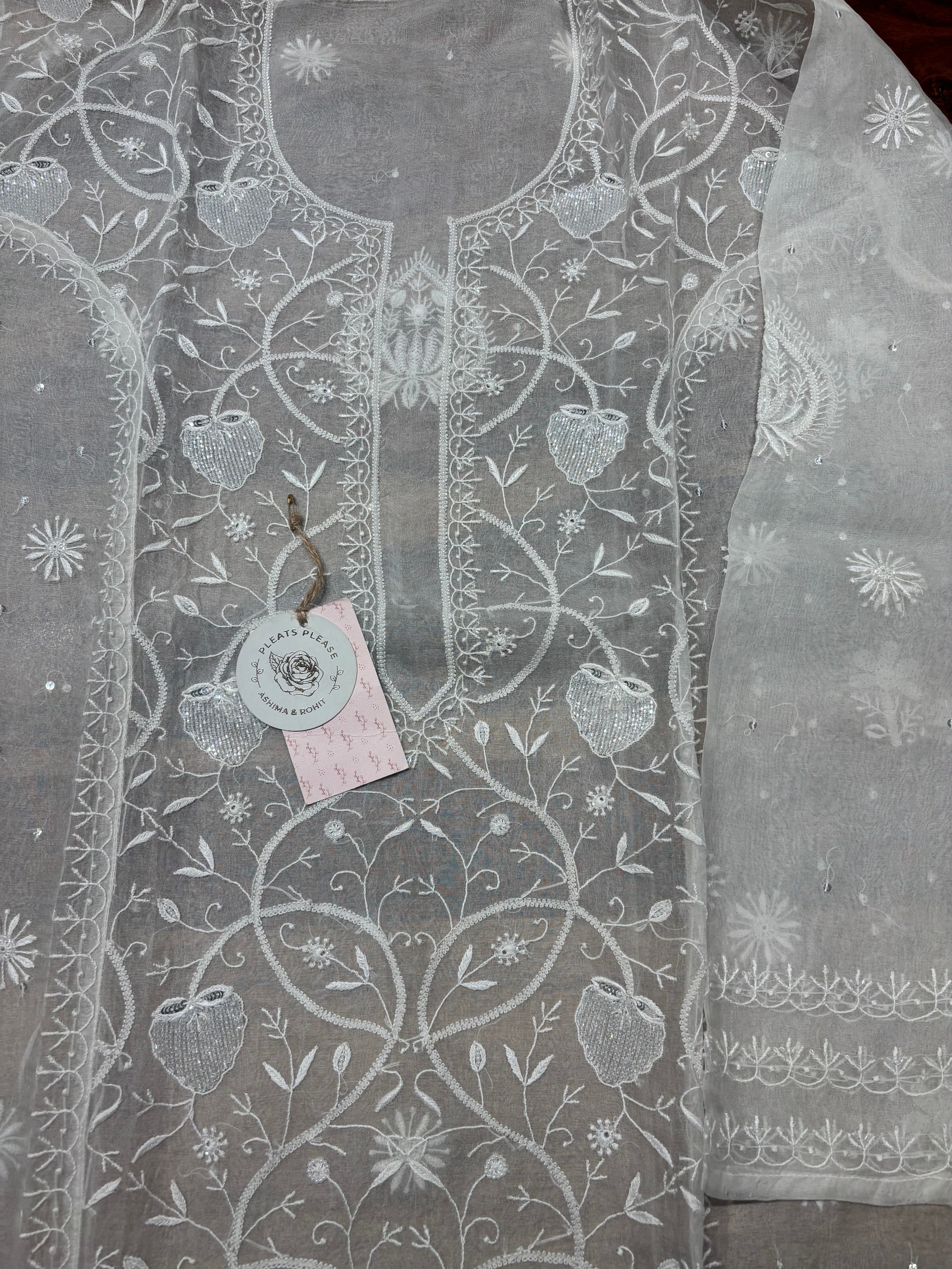 Dyeable Pure Organza Chikankari Kurta And Dupatta Set