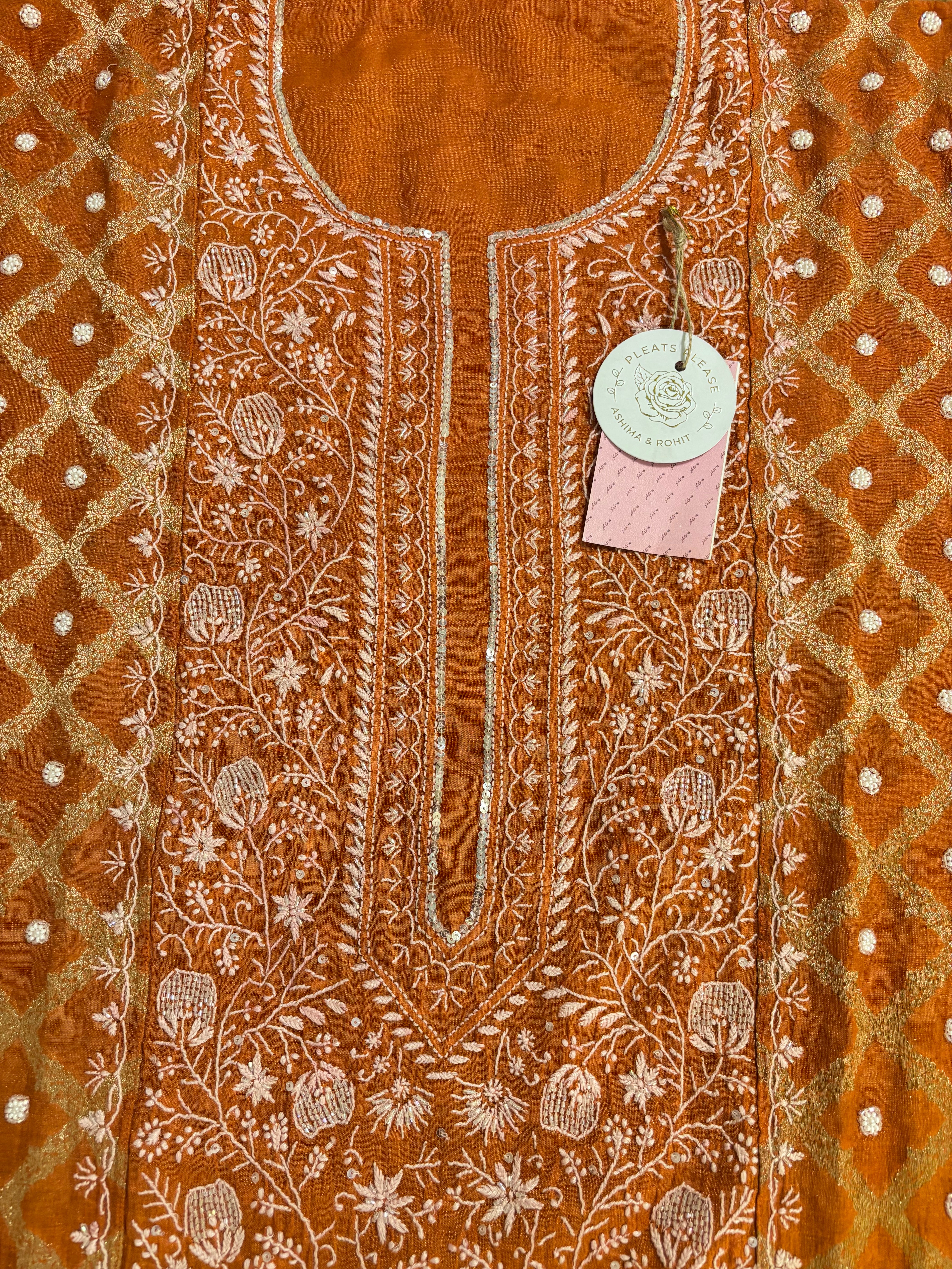 Orange Chanderi Chikankari Kurta Dupatta Set