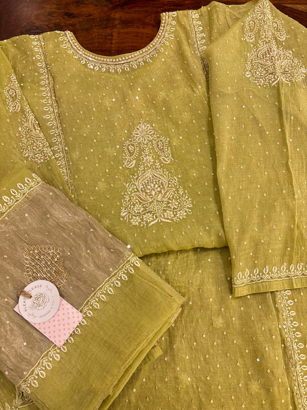 Warm Green Pure & Premium Tissue Pearl Neckline Chikankari Kurta & Dupatta