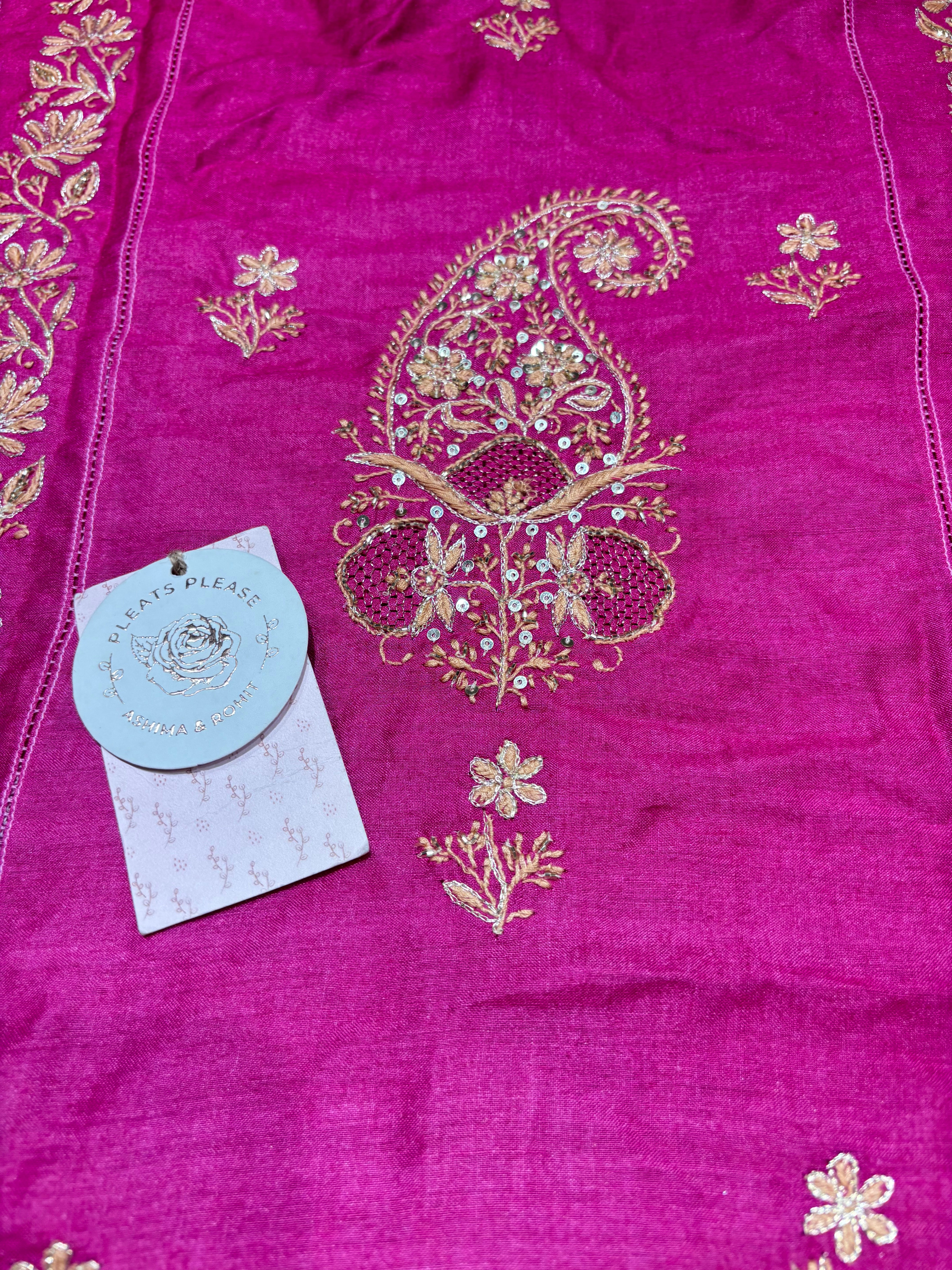 Fuschia Pink Monga Silk Chikankari A-Line Anarkali & Dupatta Set