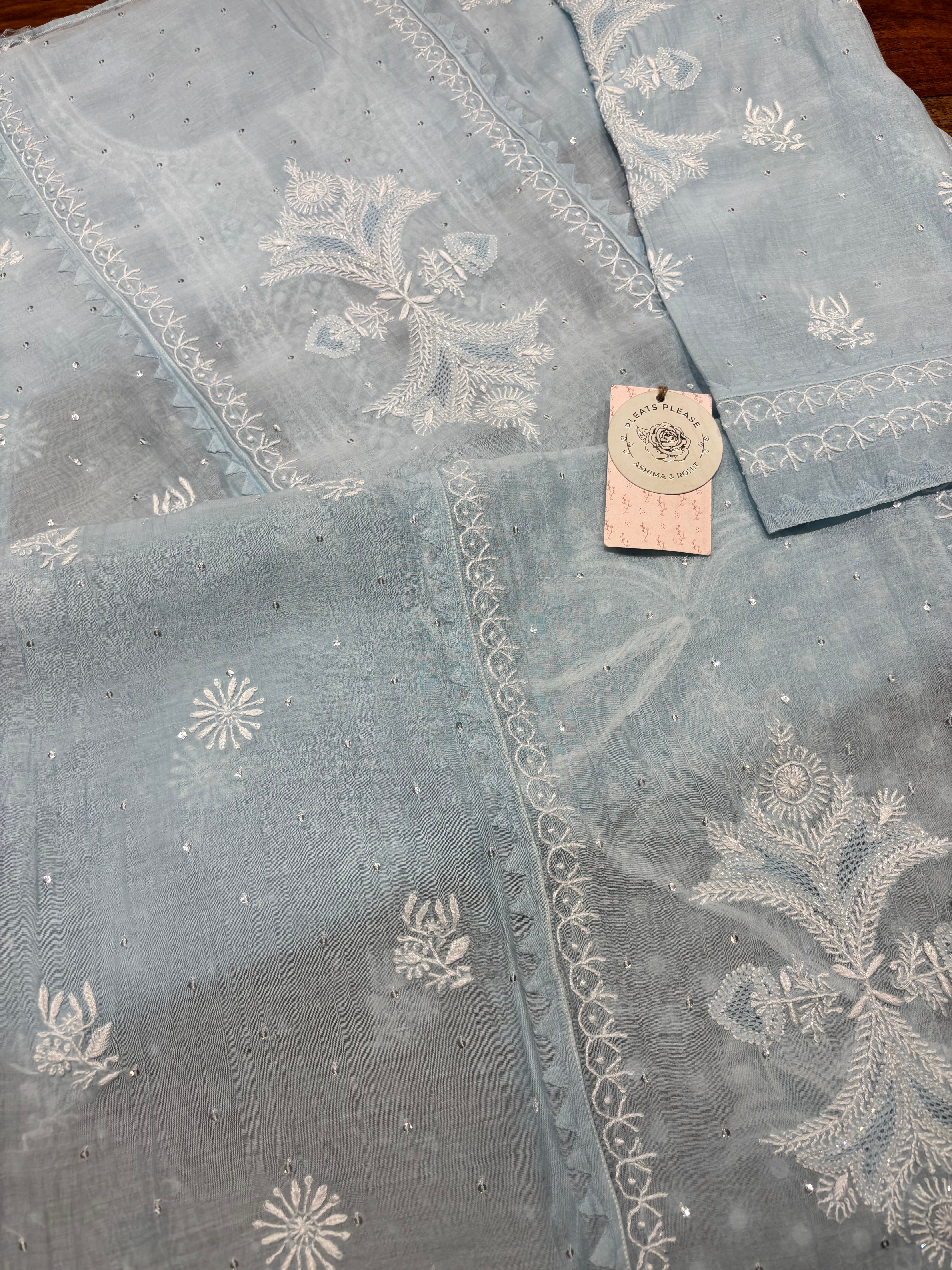 Powder blue chanderi Mul Chikankari kurta and Dupatta Set