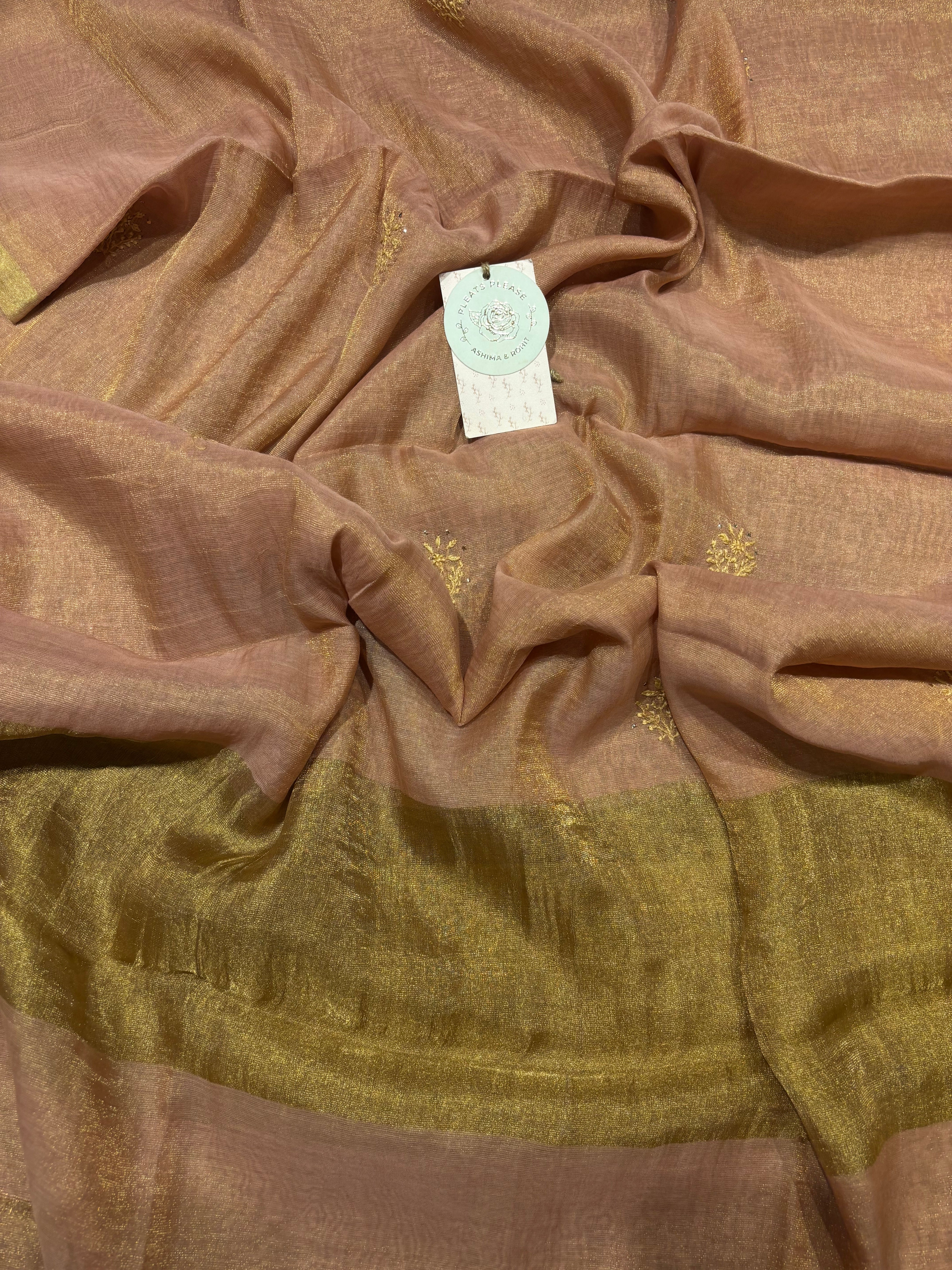 Rose Gold pure & Premium Tissue Chikankari & Mukaish Angrakha Kurta and Dupatta Set