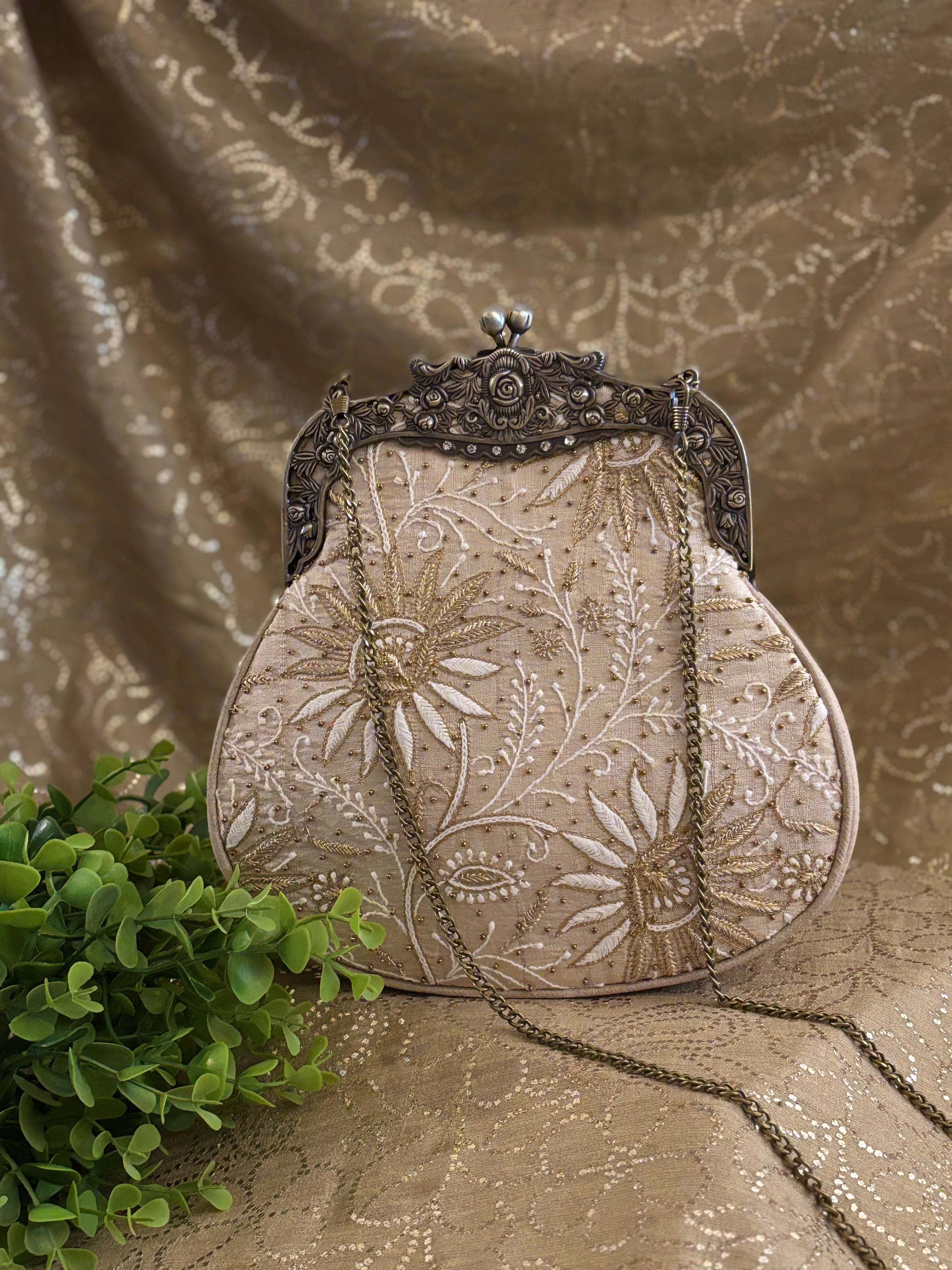 Beige Chikankari Clutch Bag