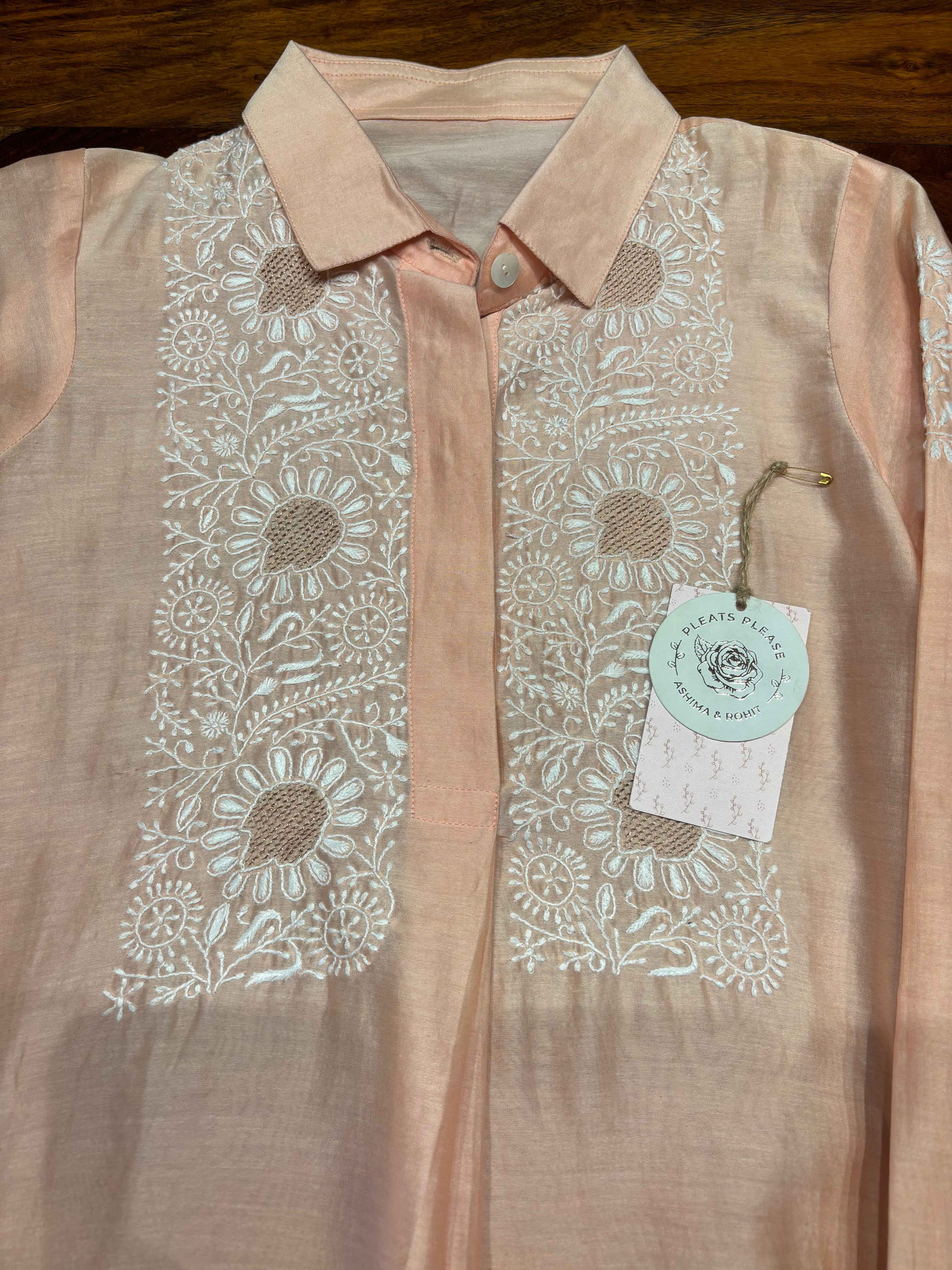 Peach Chanderi Silk Chikankari Shirt - Pleats PleaseChikankari