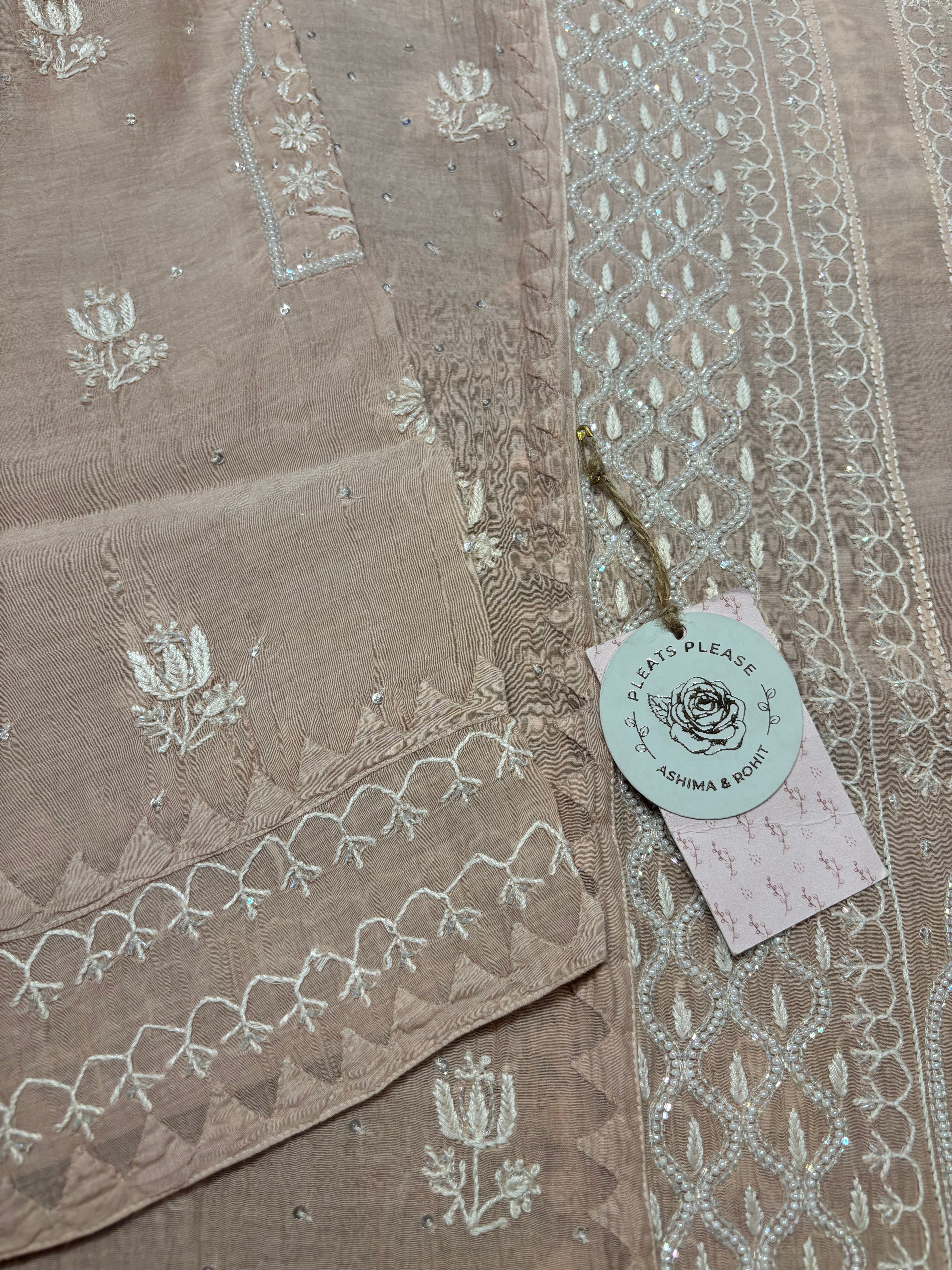 Dusty Peach Chanderi Mul Chikankari Kurta and Dupatta set