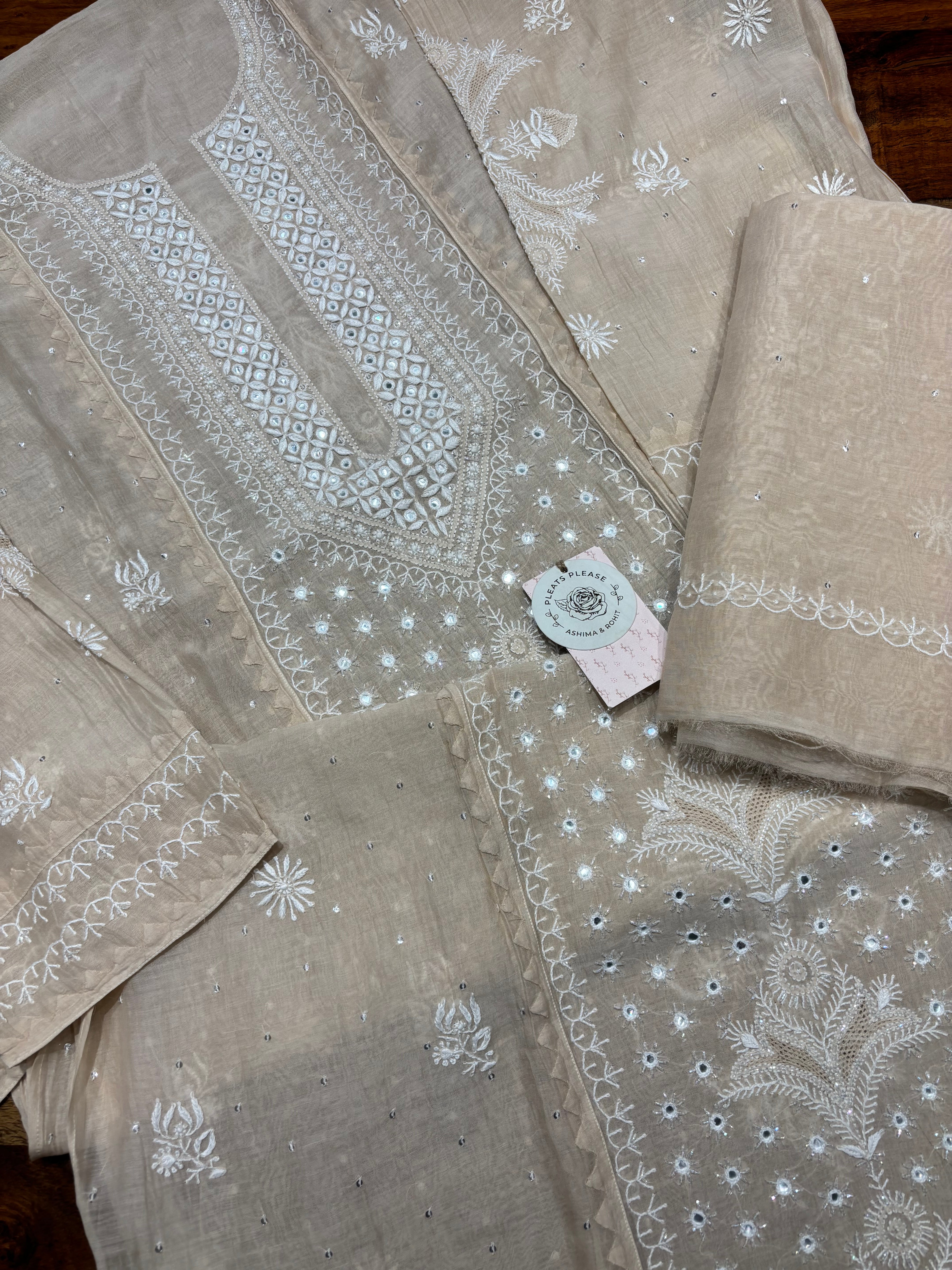 Coffee Cream Chanderi Mul Chikankari Kurta and Dupatta Set