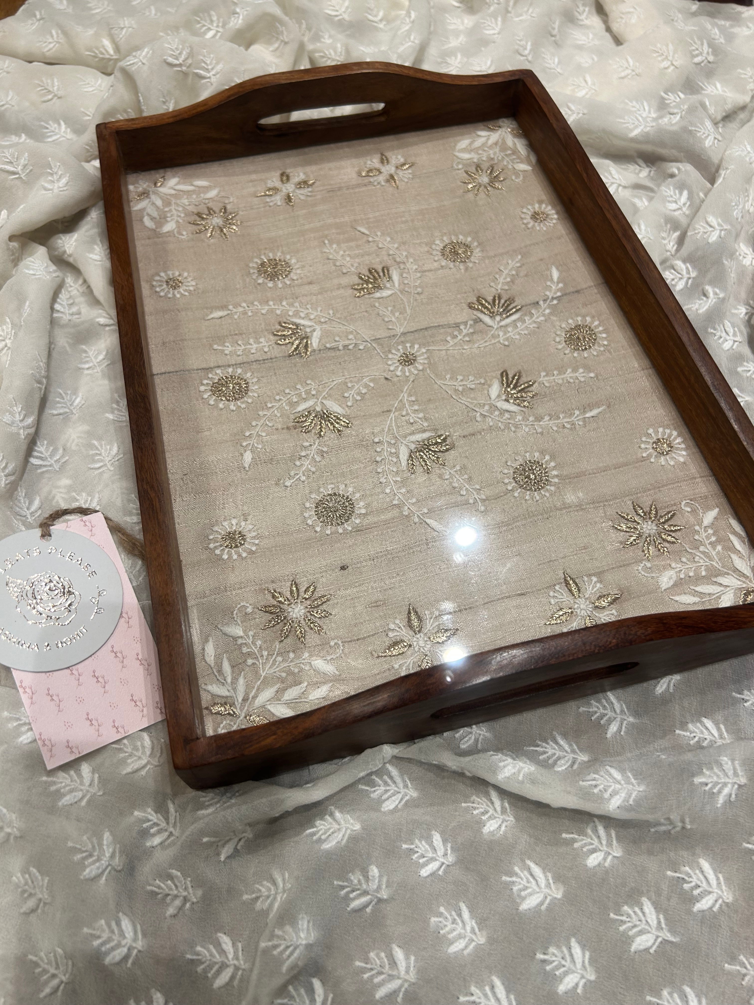 Fawn Silk Rectangle Chikankari Wooden Tray