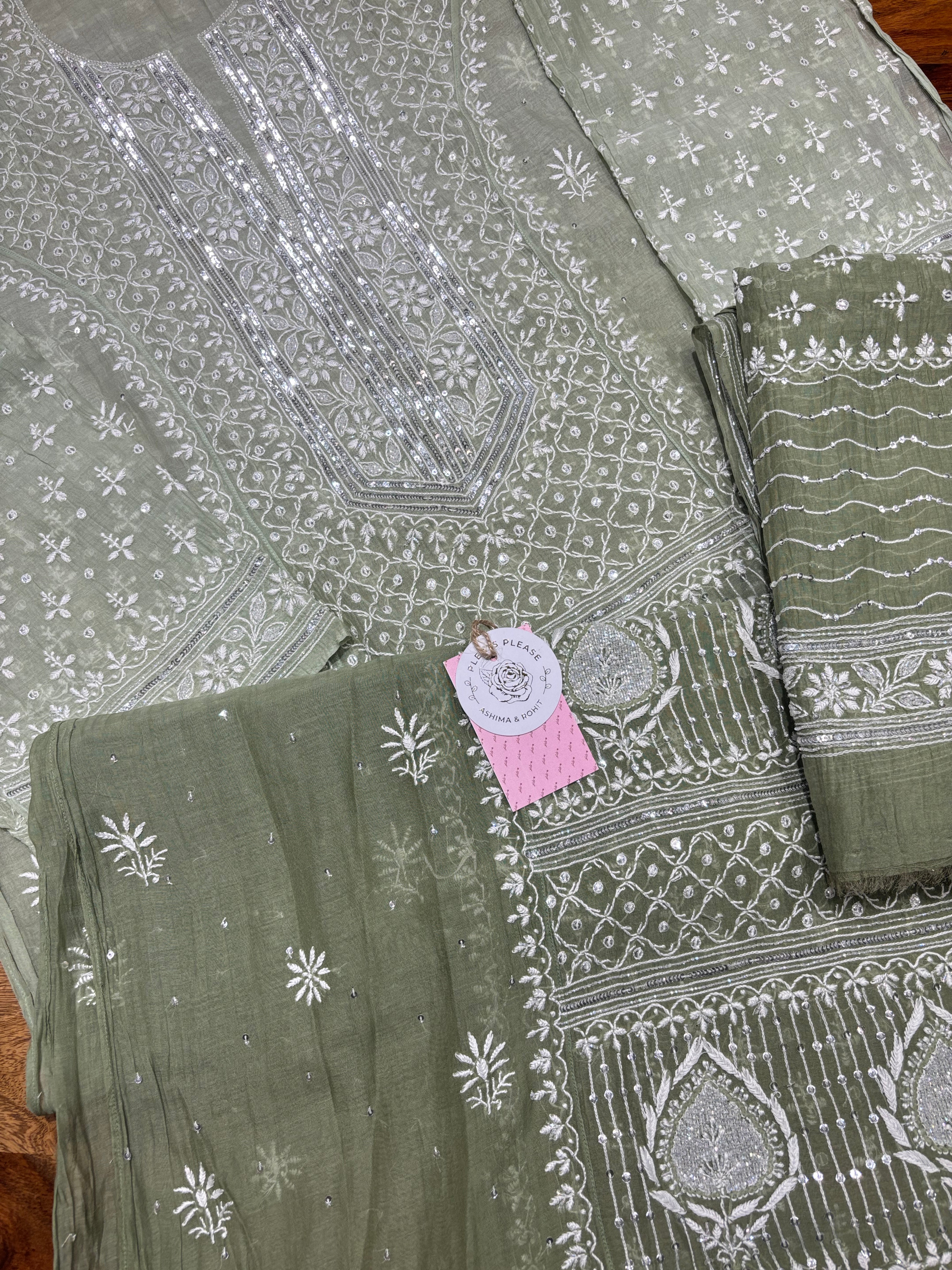 Green Ombre Chanderi Mul Chikankari kurta and Dupatta Set