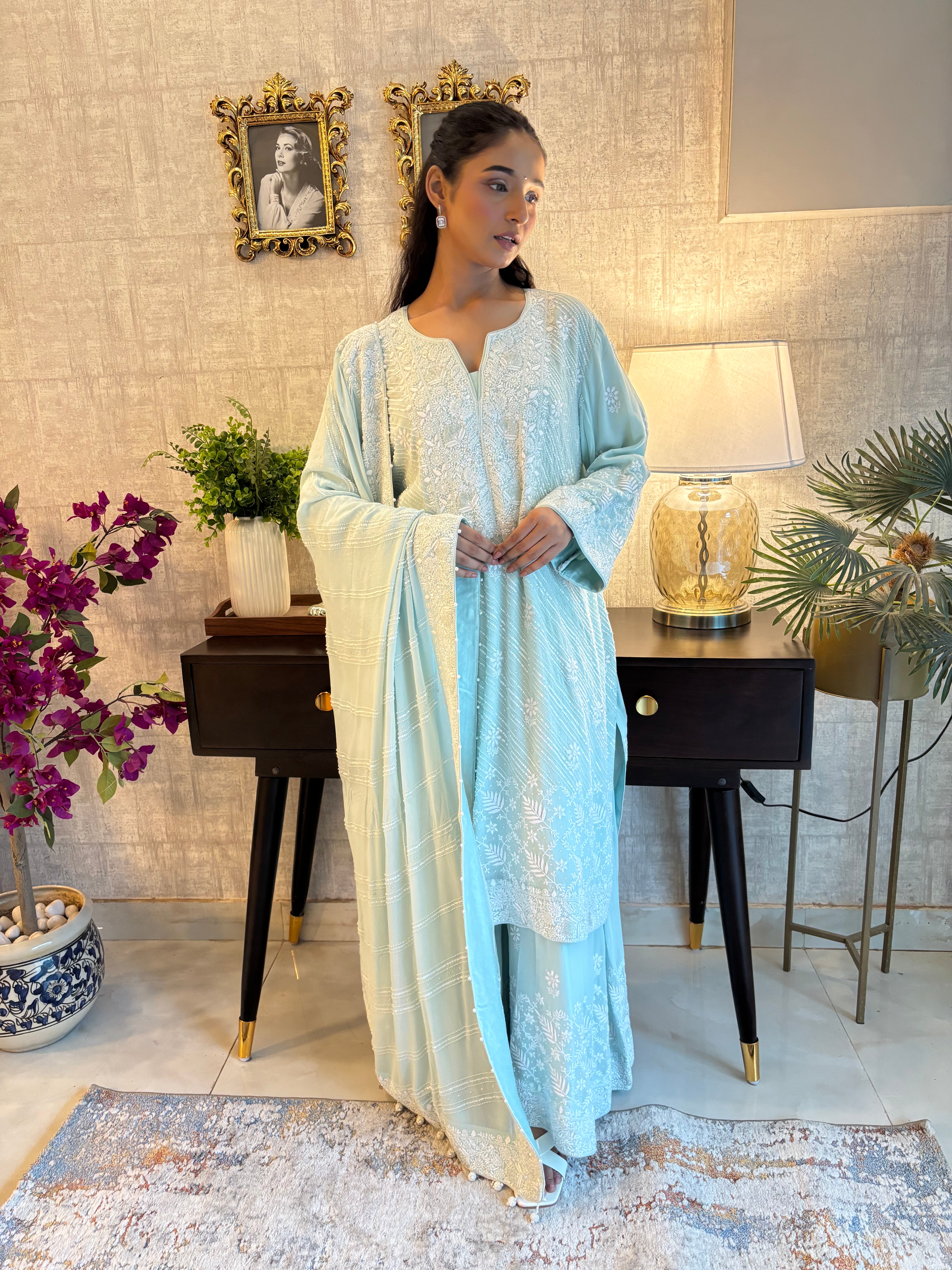 Ice Blue Pure & Premium Georgette Kurta, Sharara & Dupatta Set