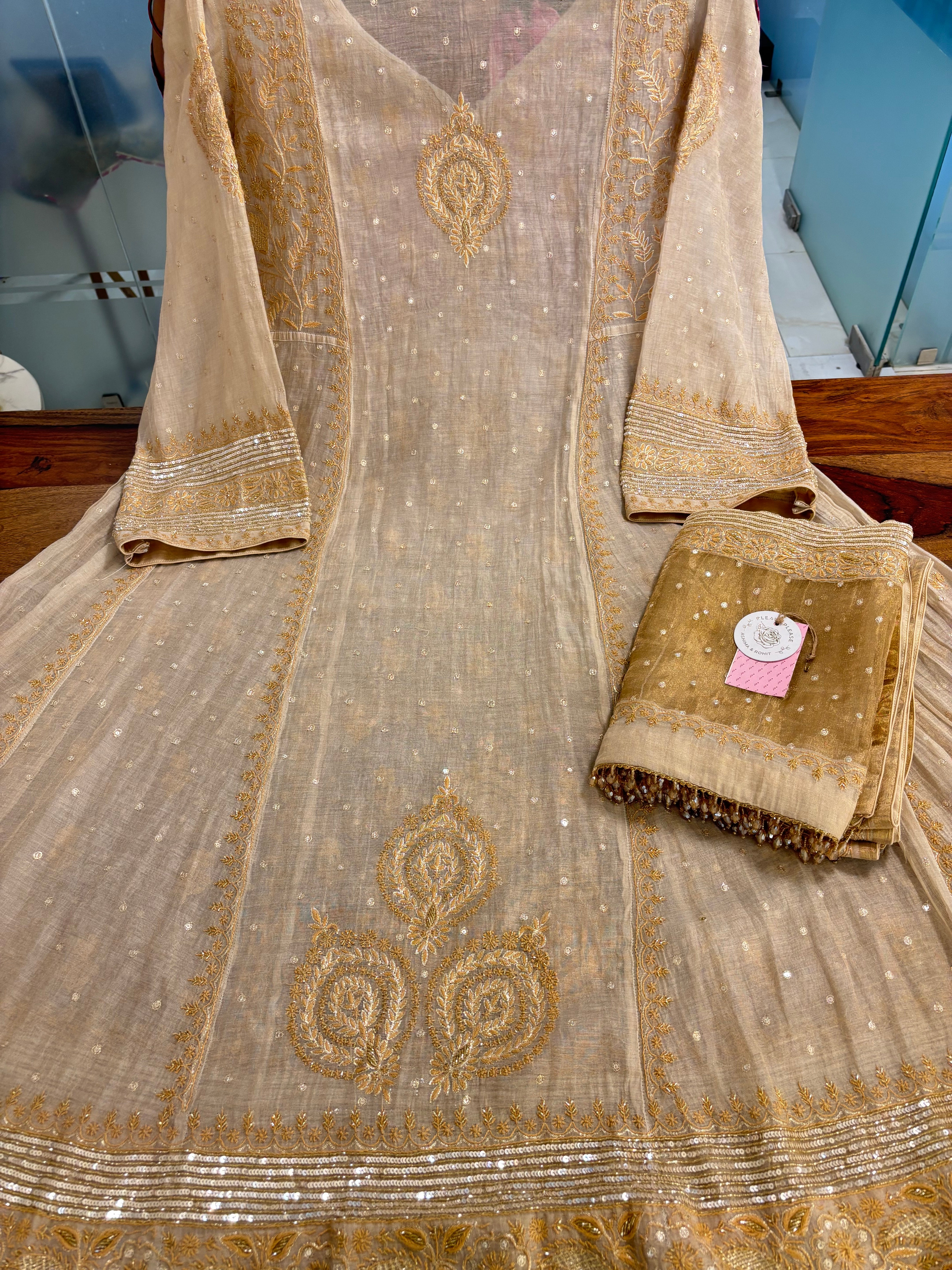 Dyeable Golden Pure & Premium Tissue Chikankari Anarkali and Dupatta