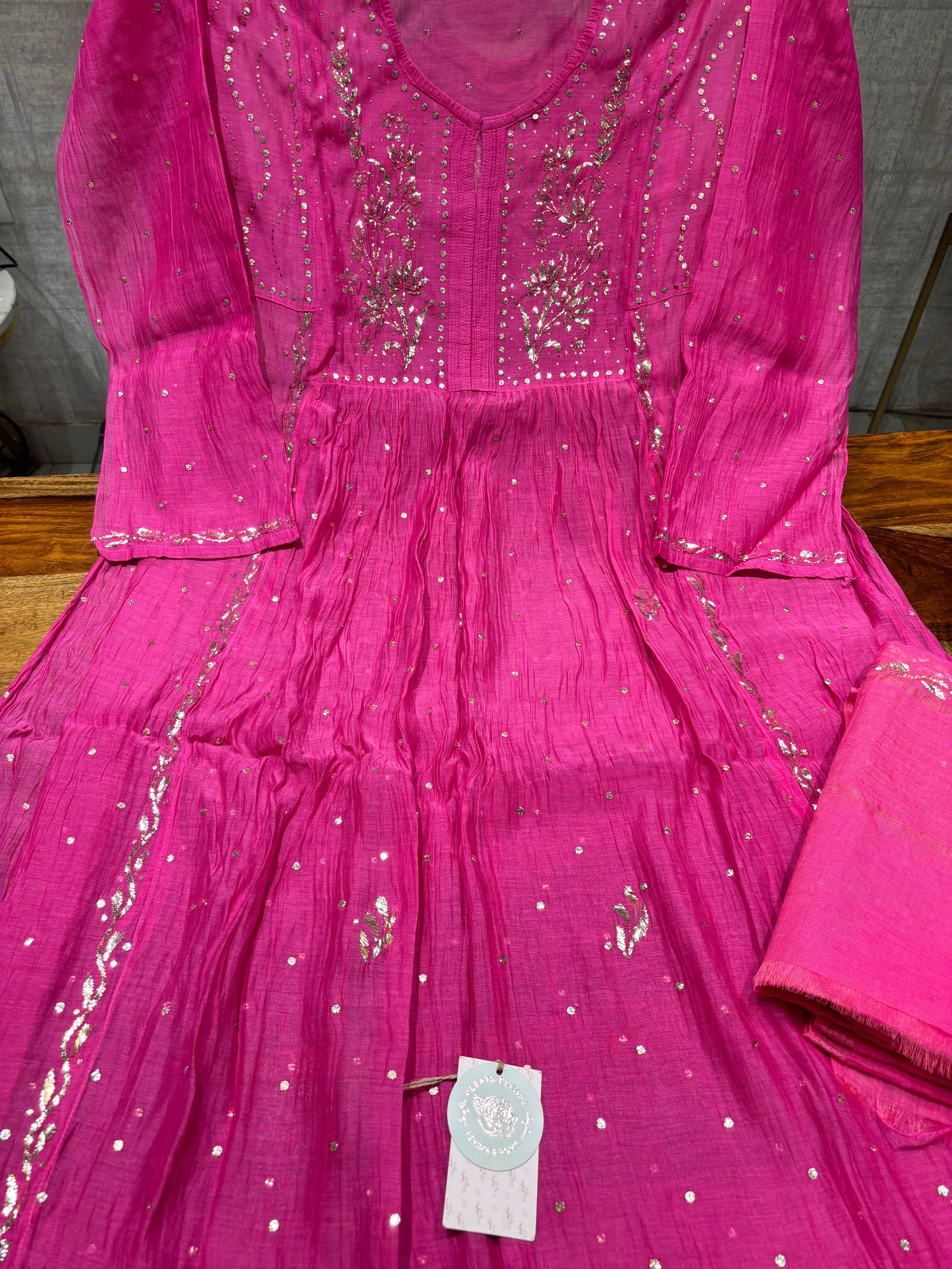 Magenta Pink Chanderi Mul Mukaish Tunic Kurta and dupatta Set