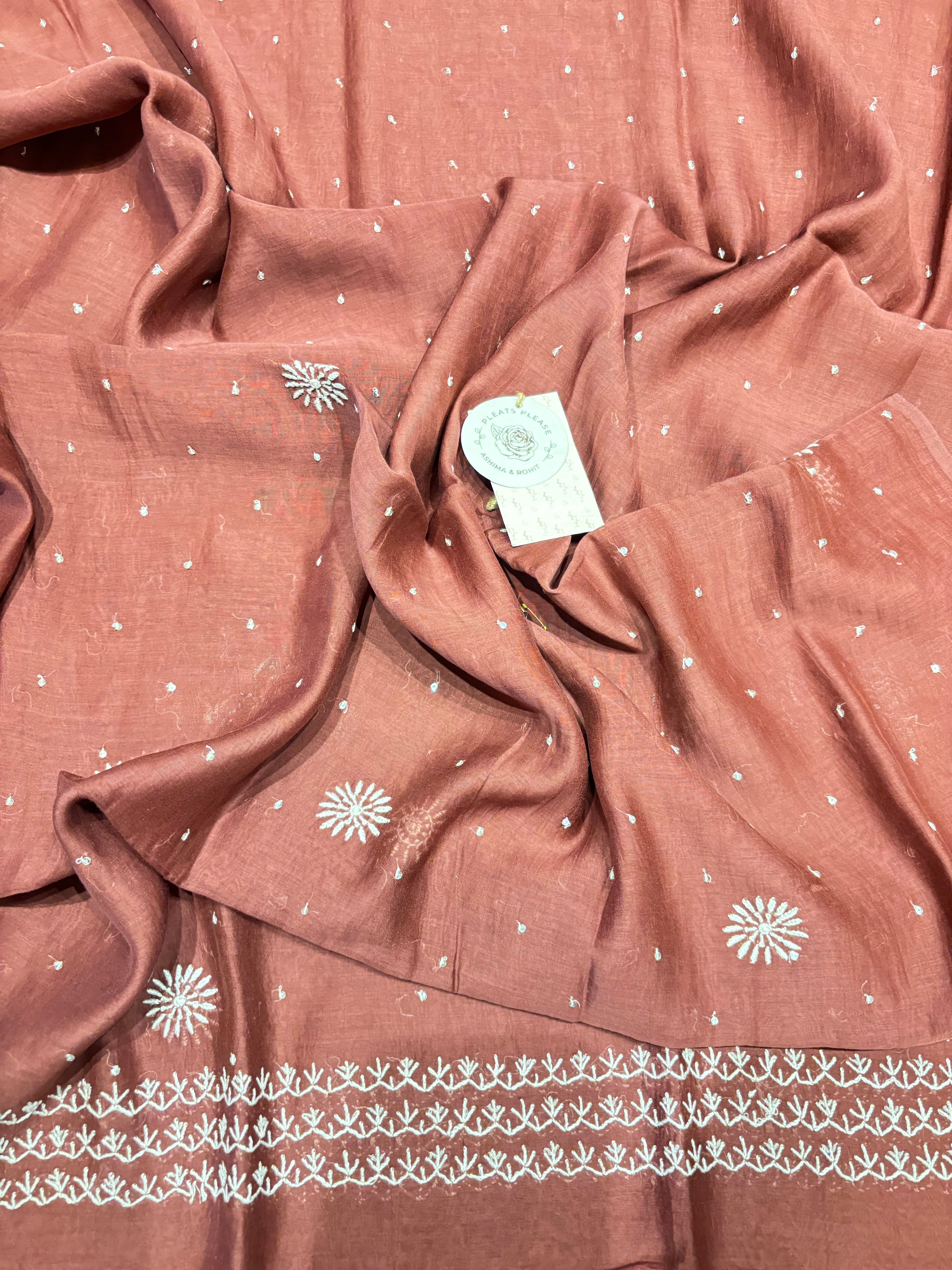 Red Cherrywood Chanderi mul Chikankari Kurta and Dupatta set