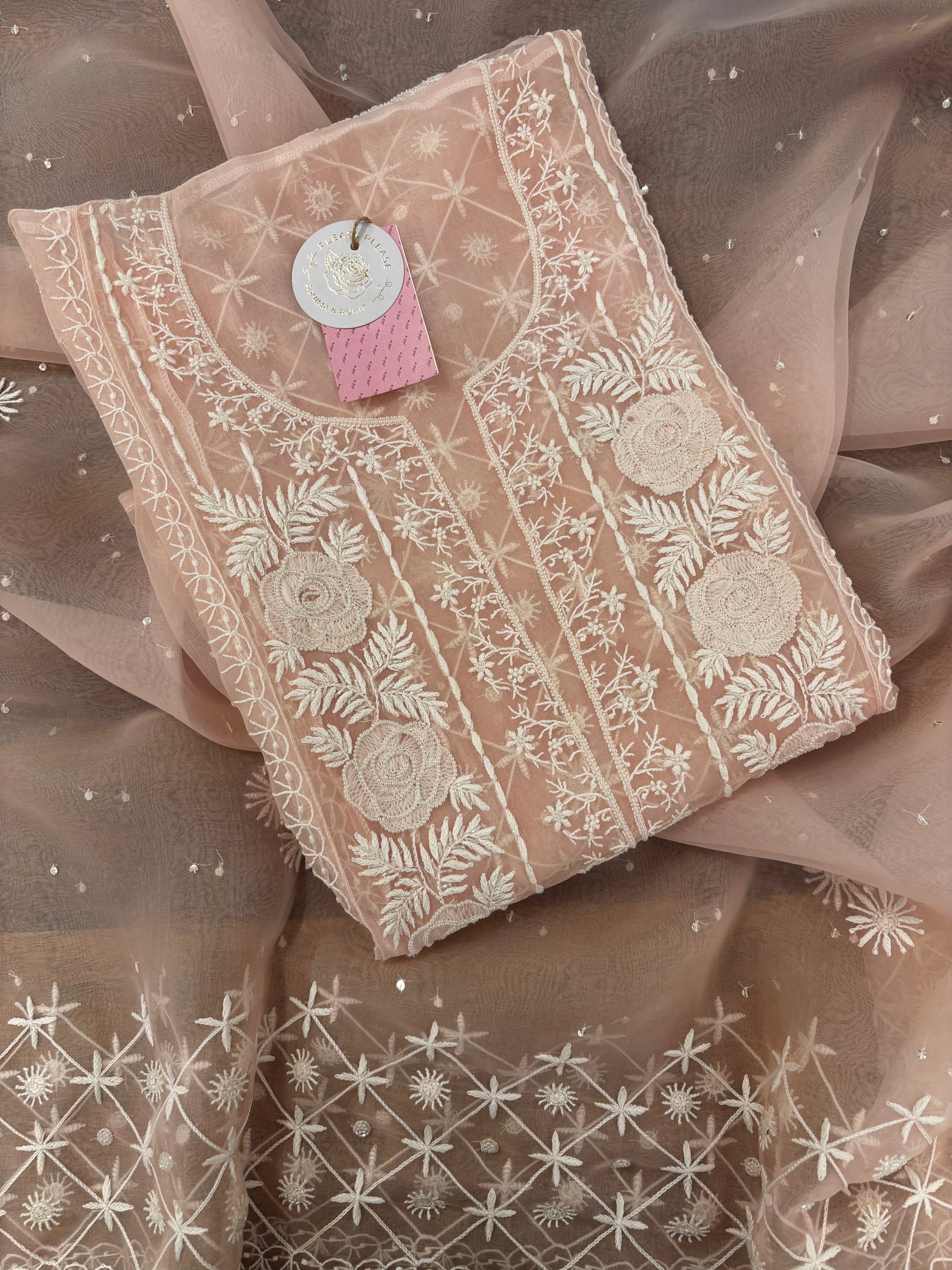 Baby Pink Pure Organza Chikankari Kurta & Dupatta
