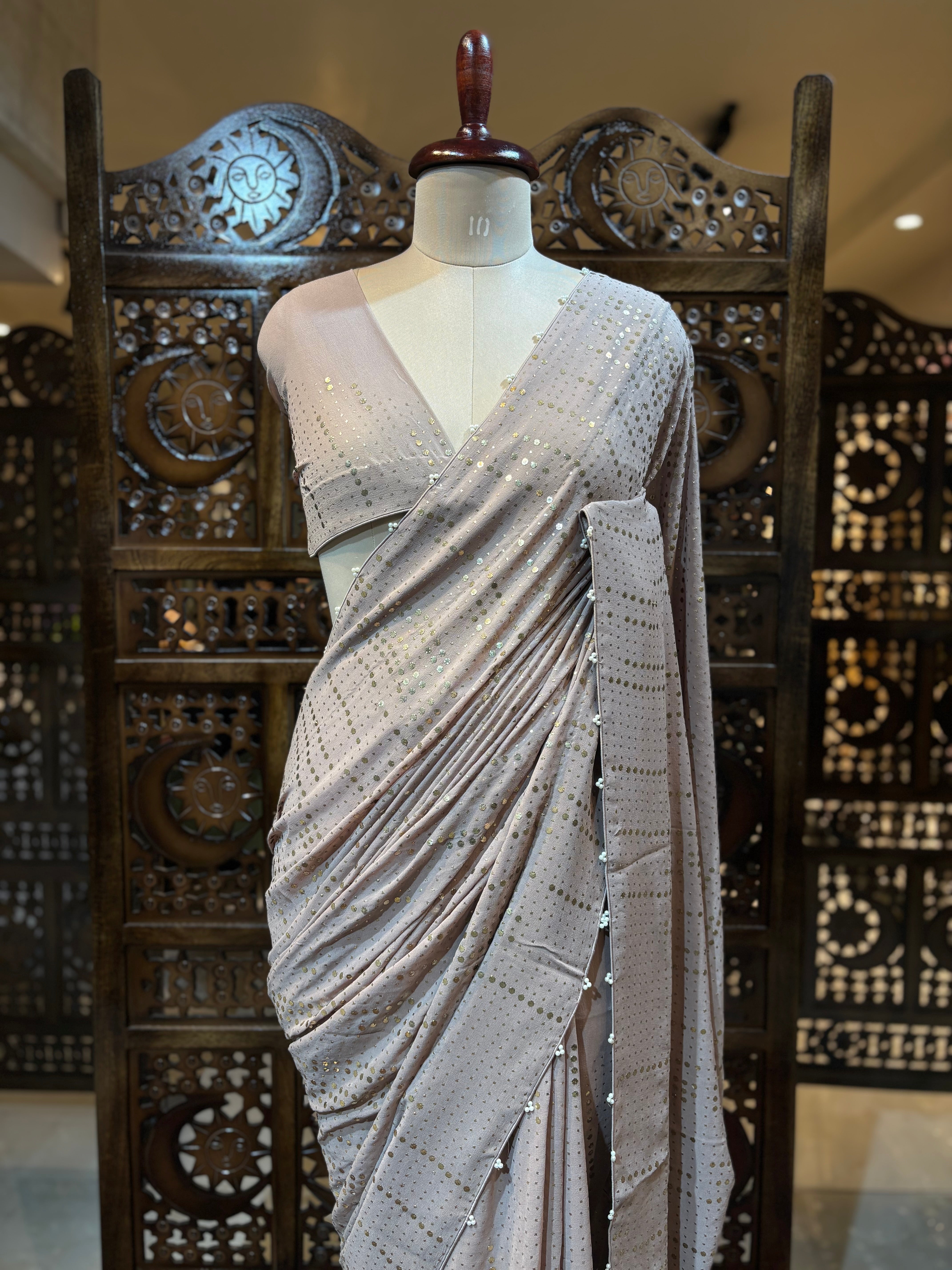 Brown Pure & Premium Georgette Mukaish Saree & Blouse - Pleats PleaseChikankari