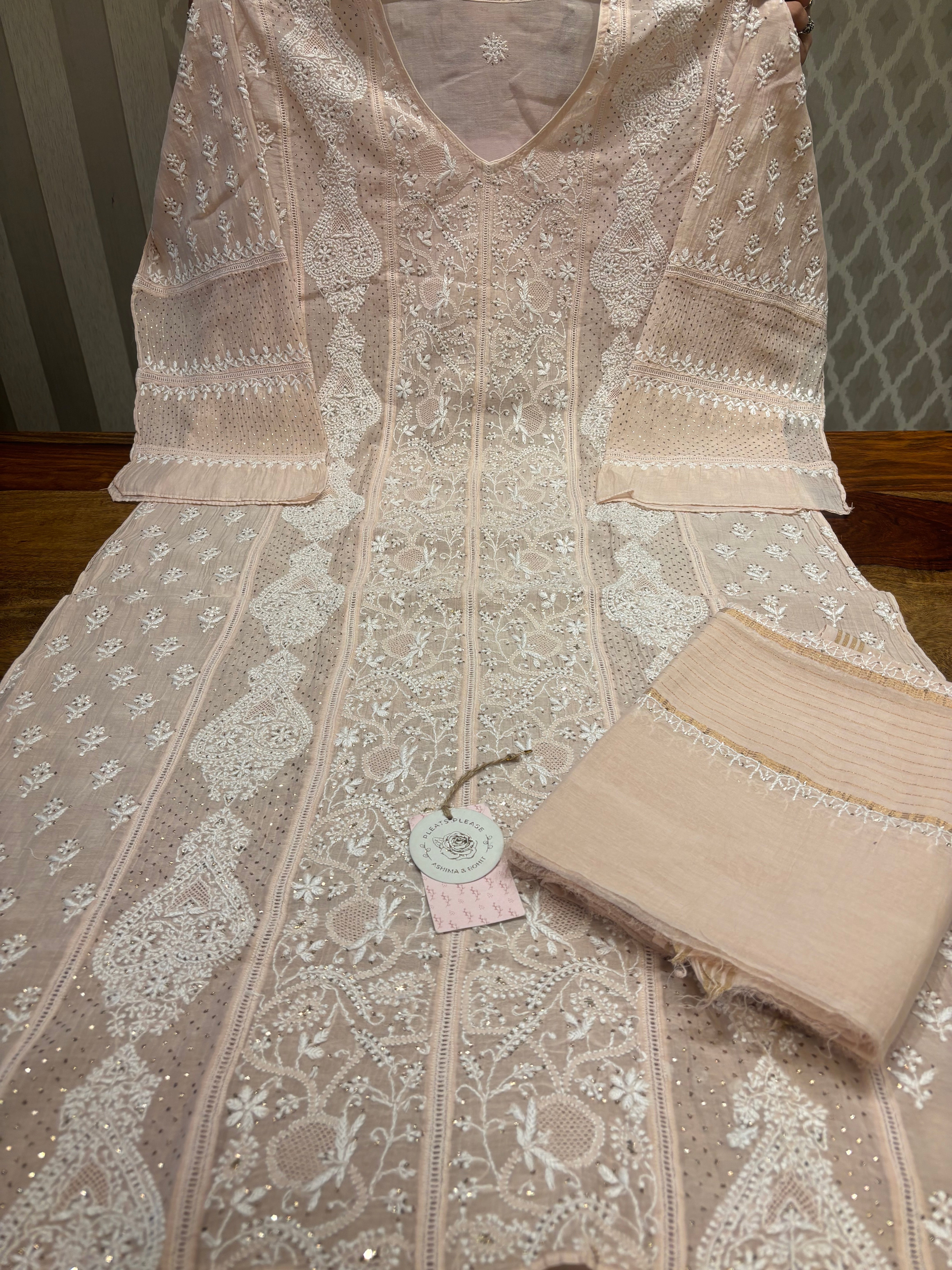 Peach Chanderi mul Chikankari Kurta and Dupatta