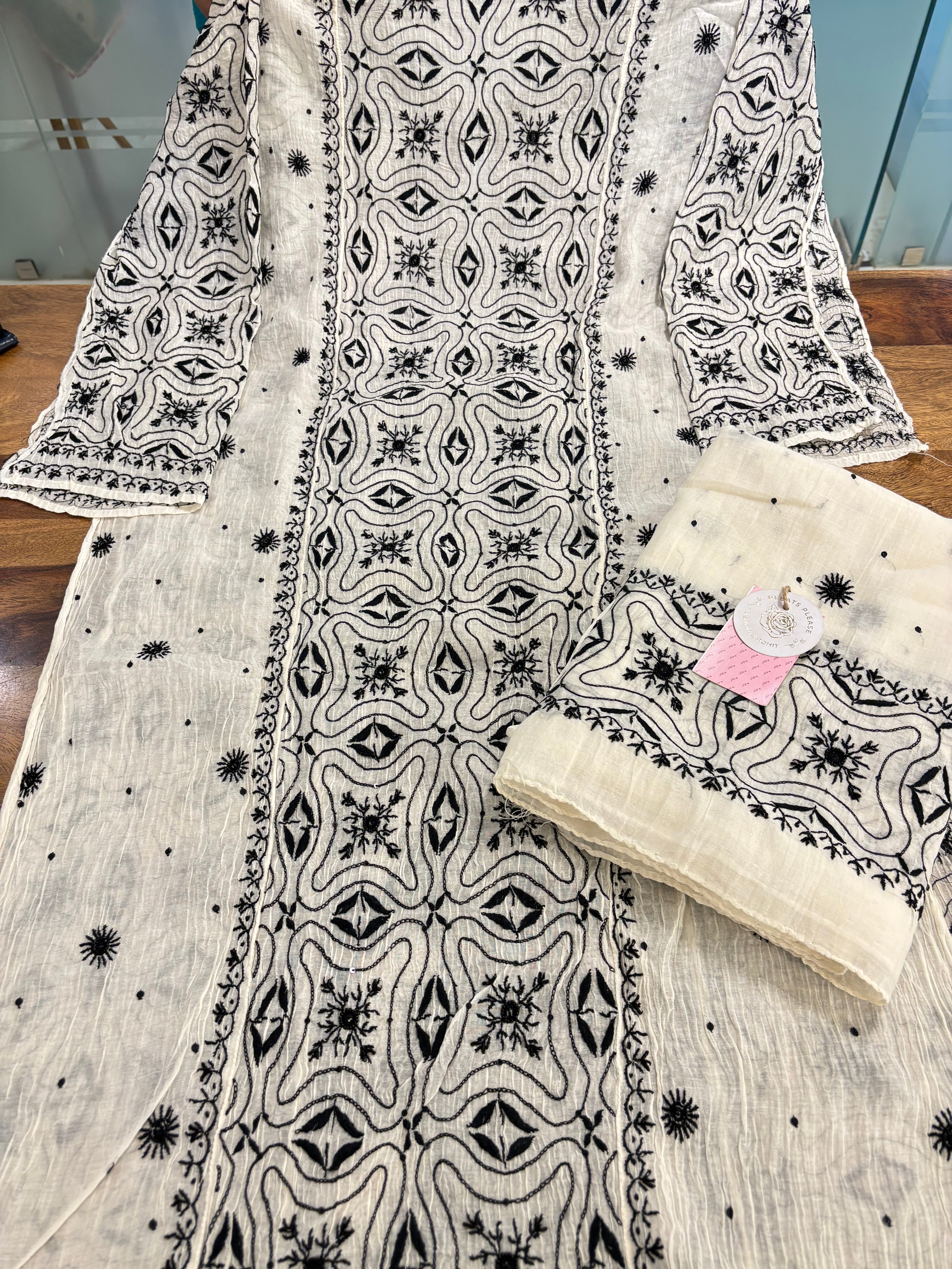 Dyeable Chanderi Black & White Chikankari Kurta & Dupatta