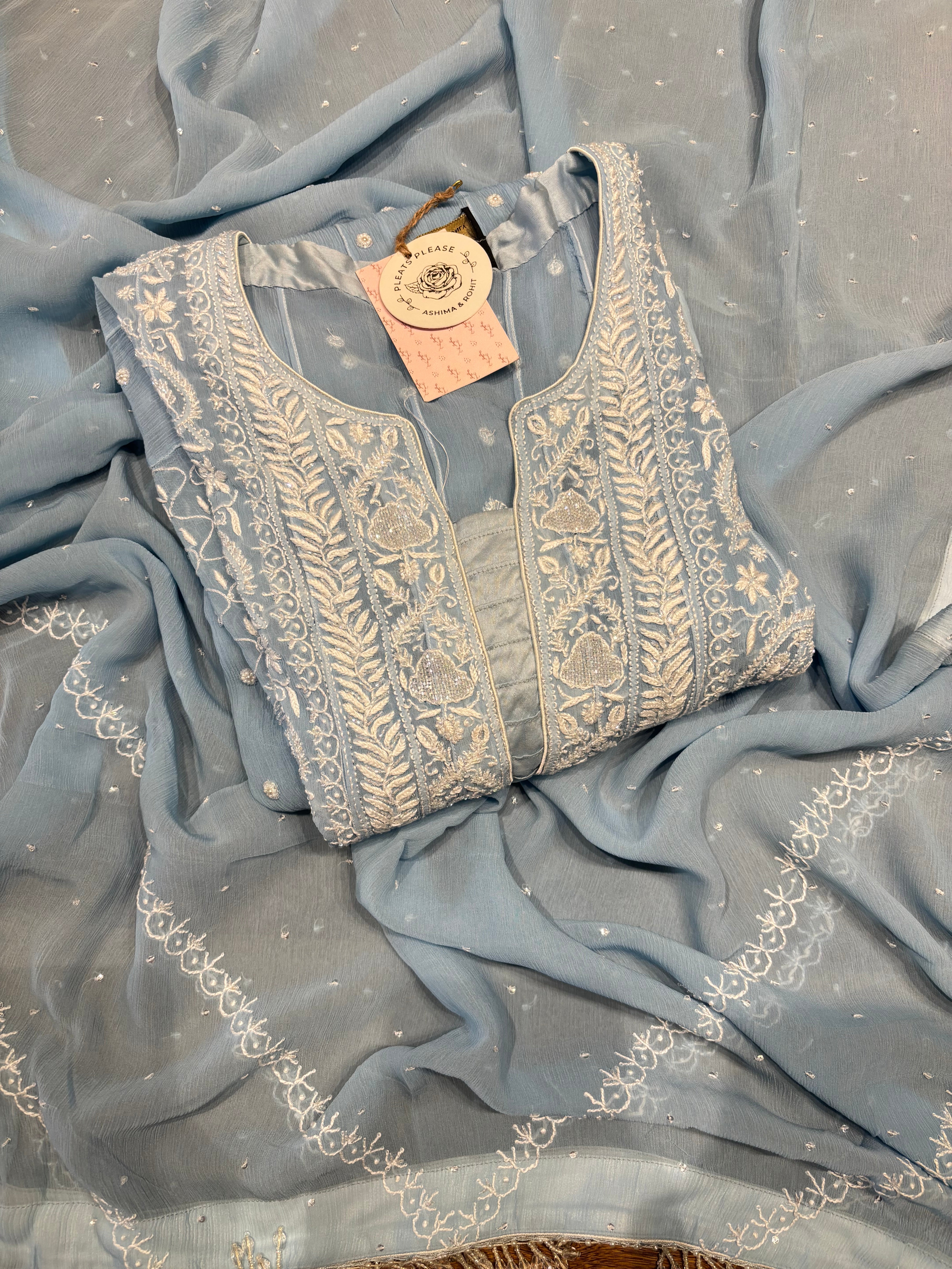 Powder Blue Chiffon Chikankari Anarkali & Dupatta